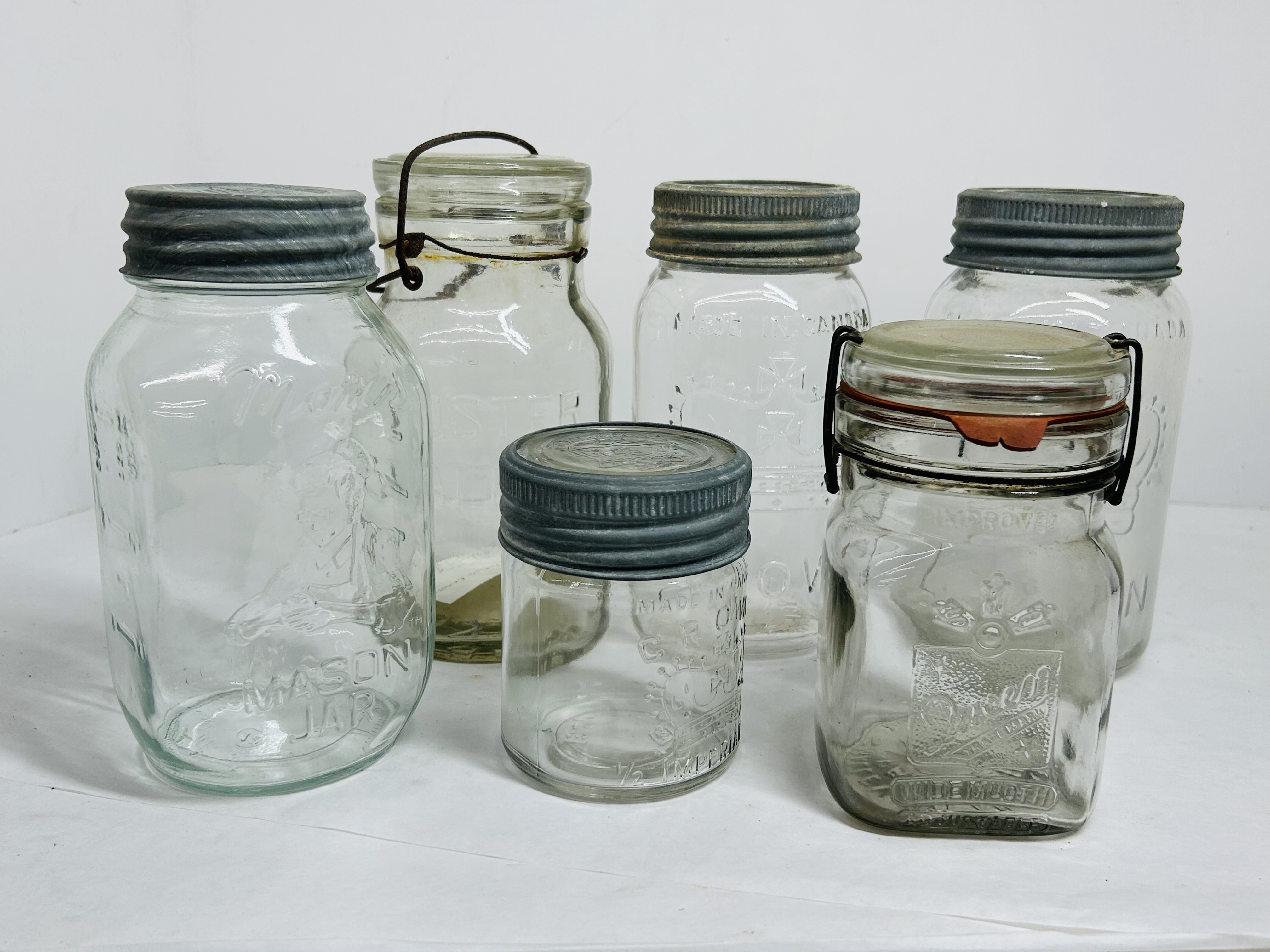 ASSORTED MAKERS SIX GLASS CANNING JARS 1900