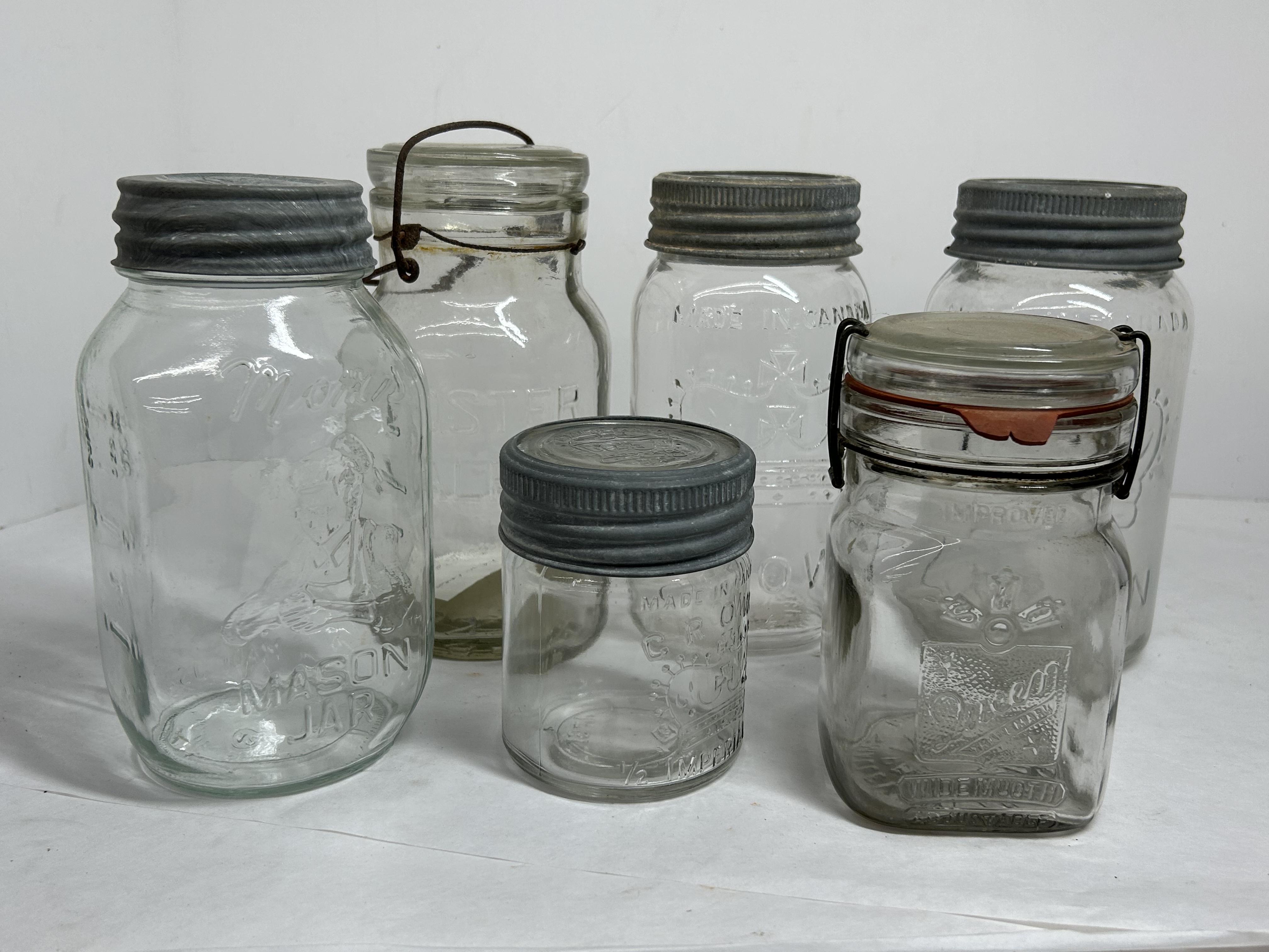 ASSORTED MAKERS SIX GLASS CANNING JARS 1900