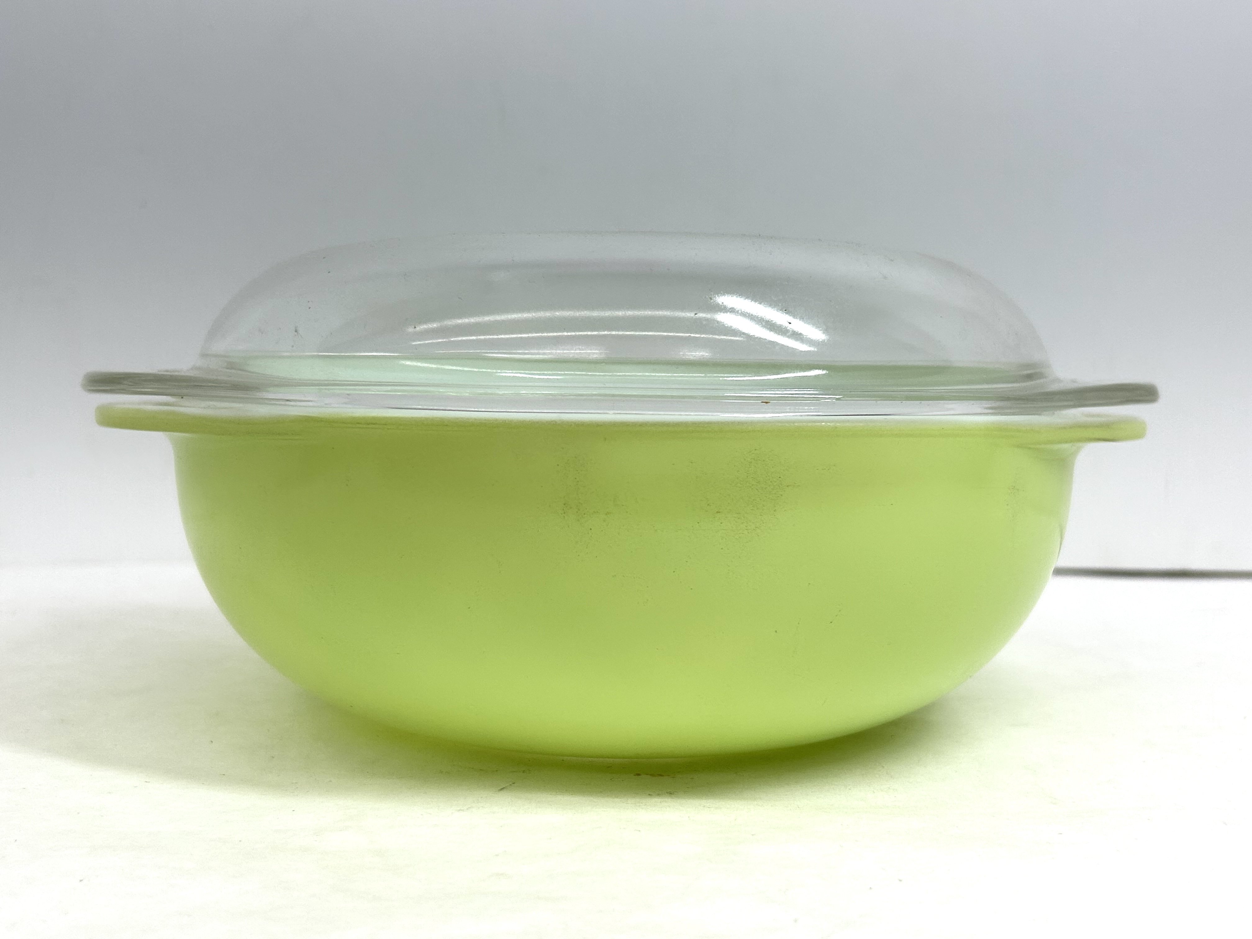 PYREX LIME GREEN GLASS CASSEROLE, 1960S