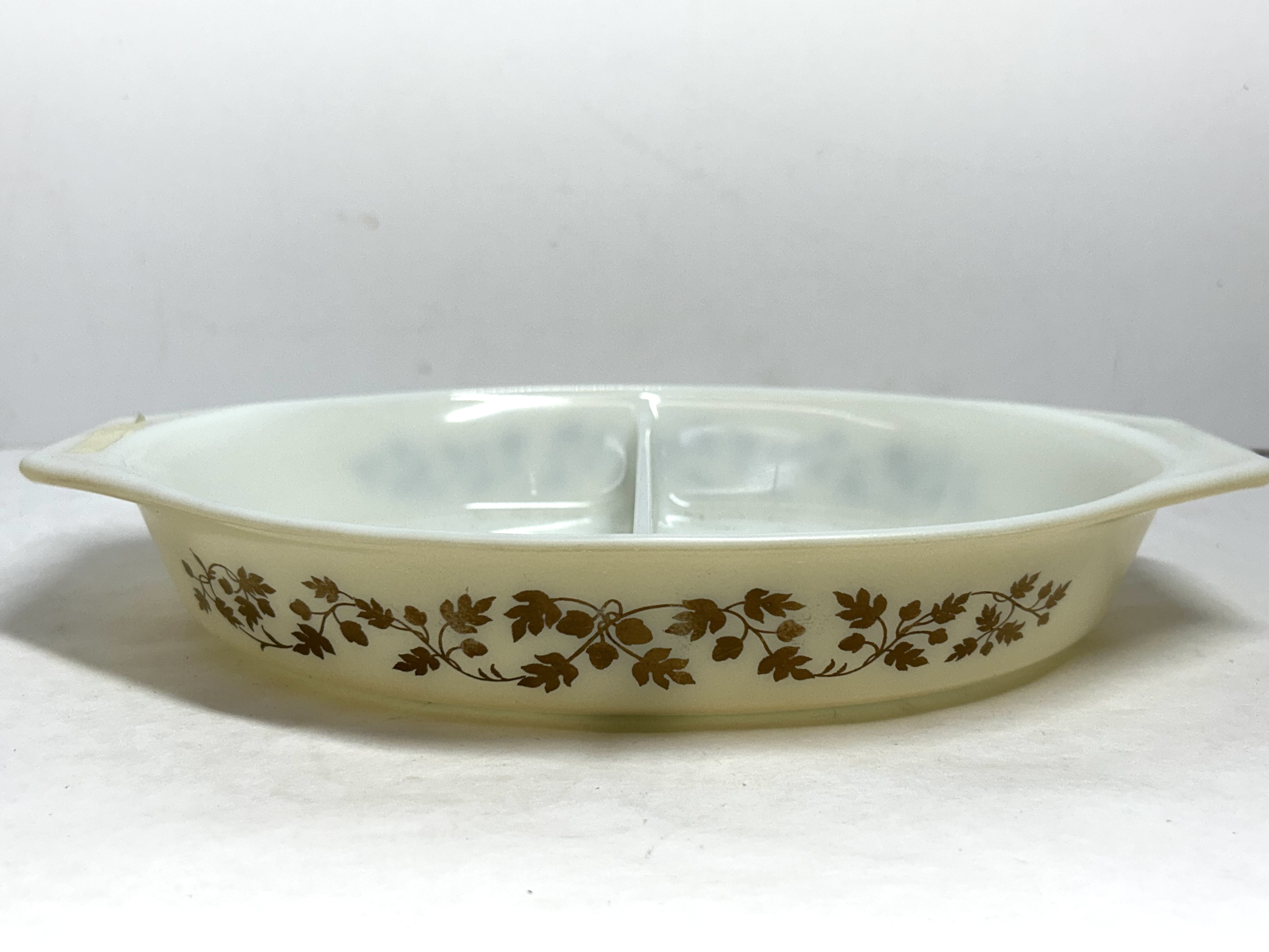 PYREX GOLD ACORN MILK GLASS CASSEROLE, CIRCA 1960