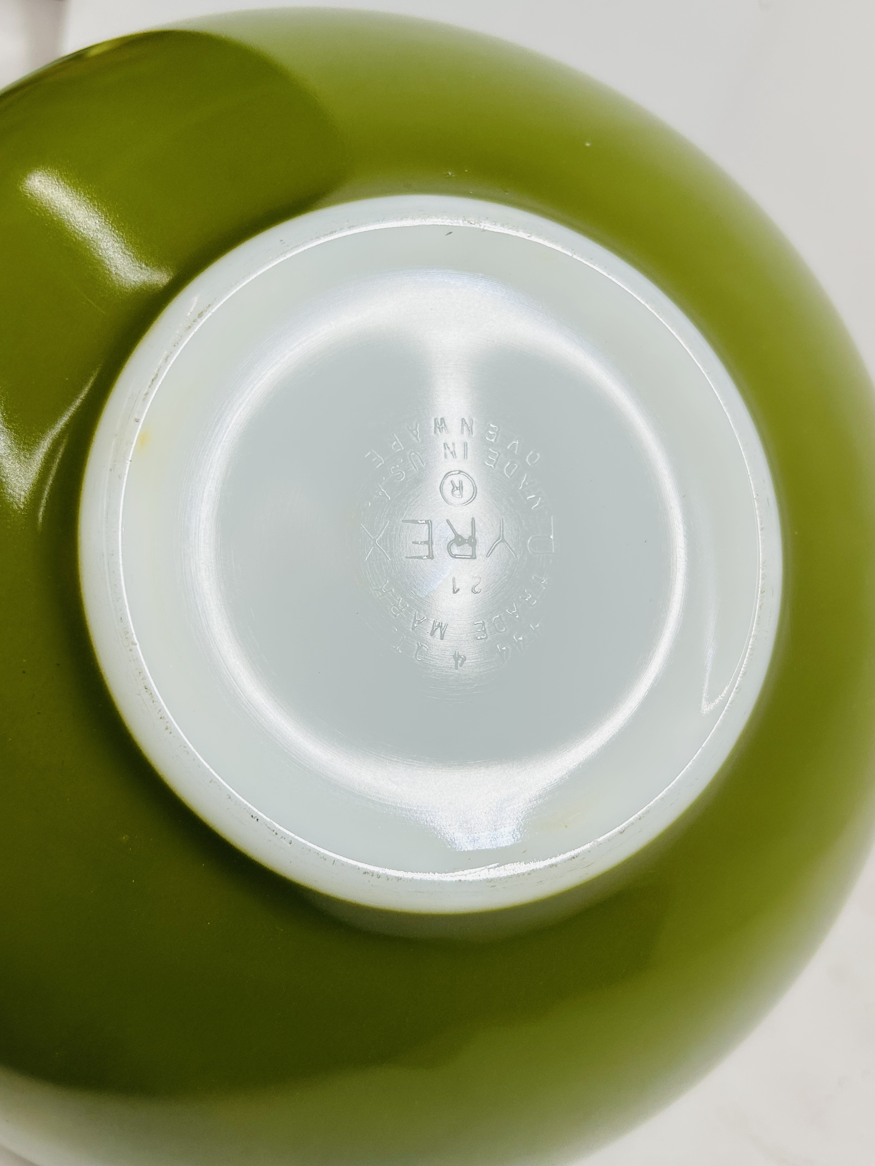 PYREX AVOCADO GLASS BOWL, CIRCA 1970