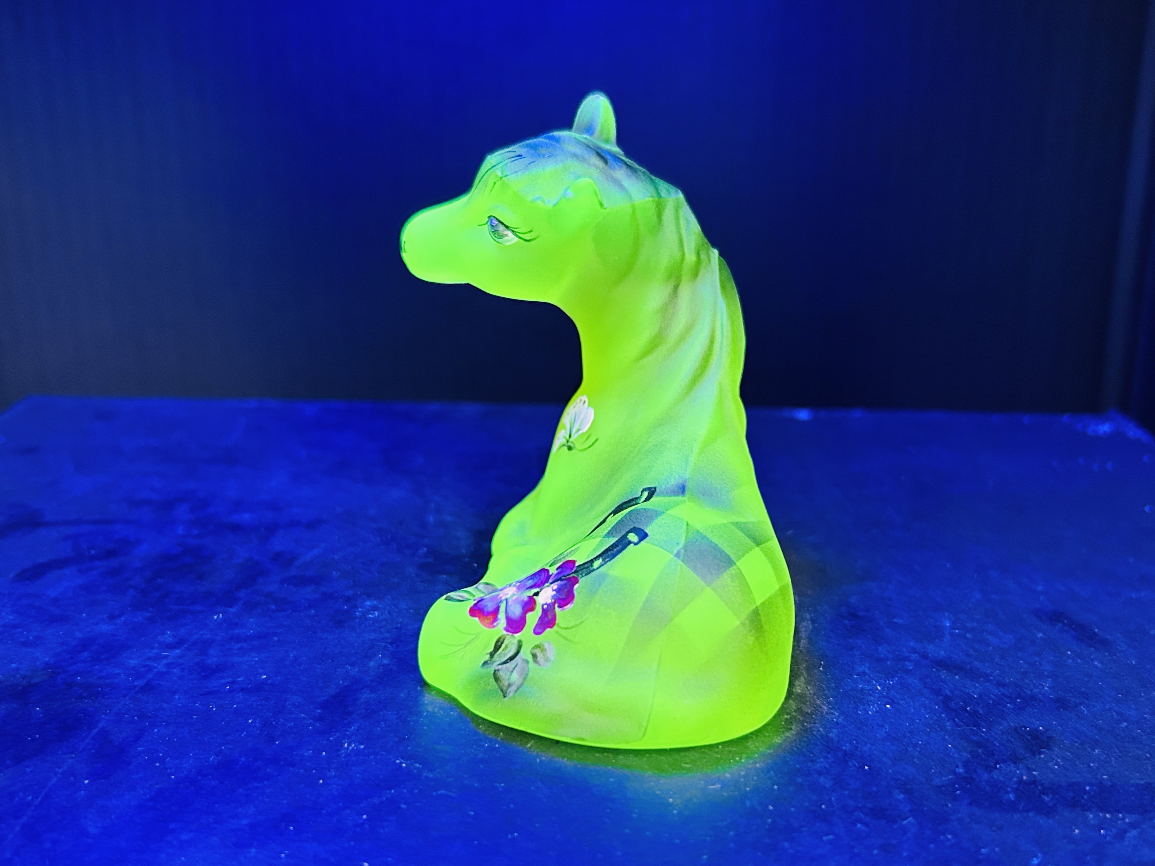 FENTON PAINTED URANIUM GLASS PONY, 2025
