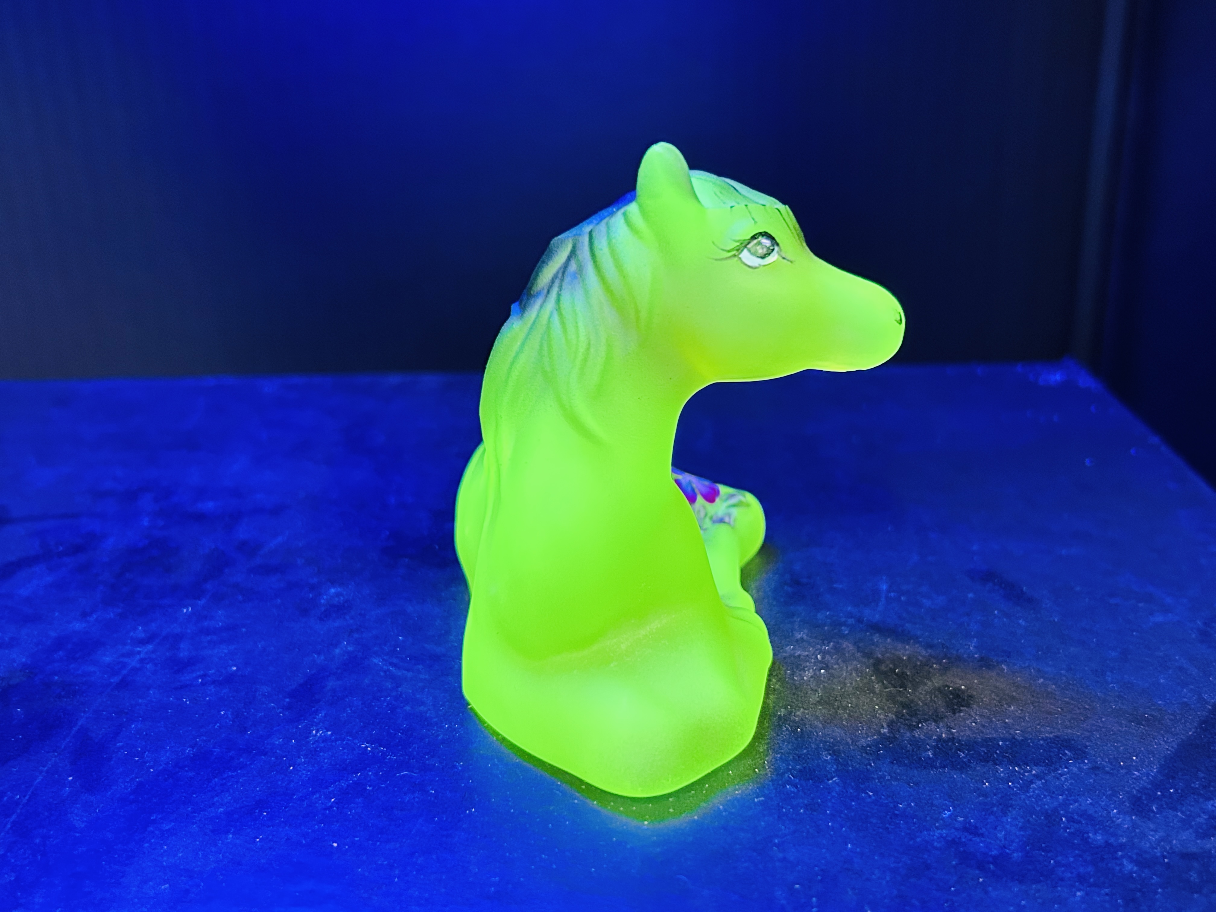 FENTON PAINTED URANIUM GLASS PONY, 2025