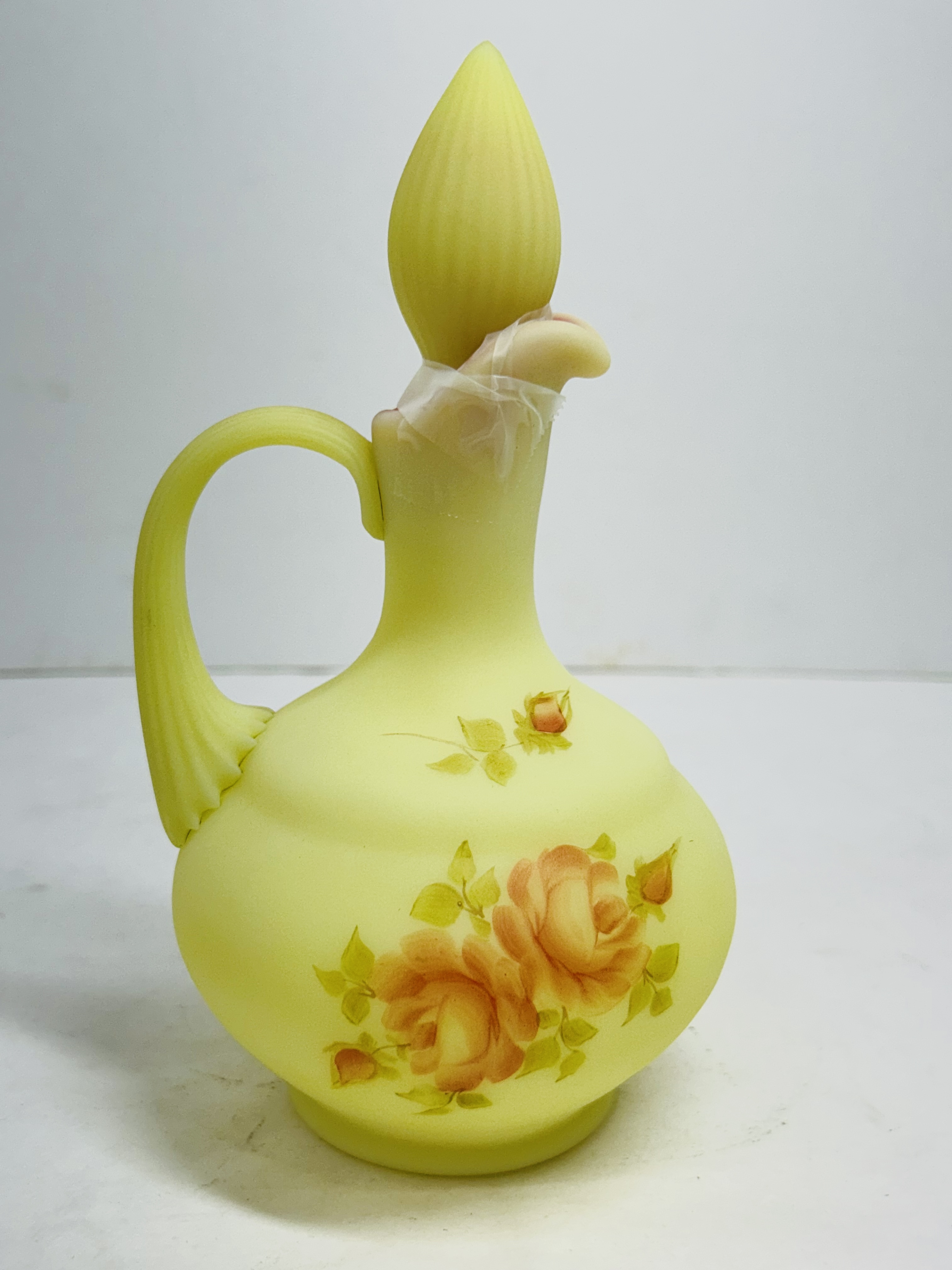 FENTON HAND-PAINTED URANIUM GLASS CRUET, 1970S