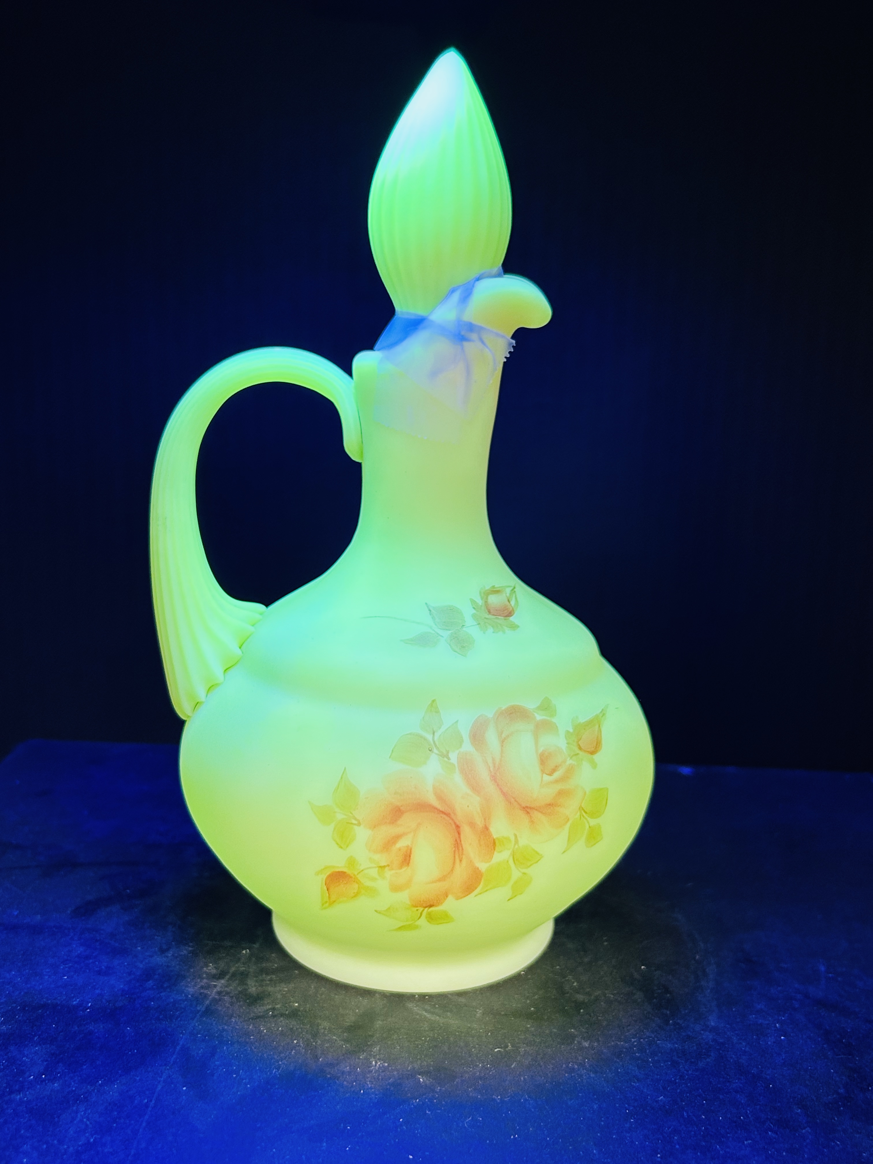 FENTON HAND-PAINTED URANIUM GLASS CRUET, 1970S