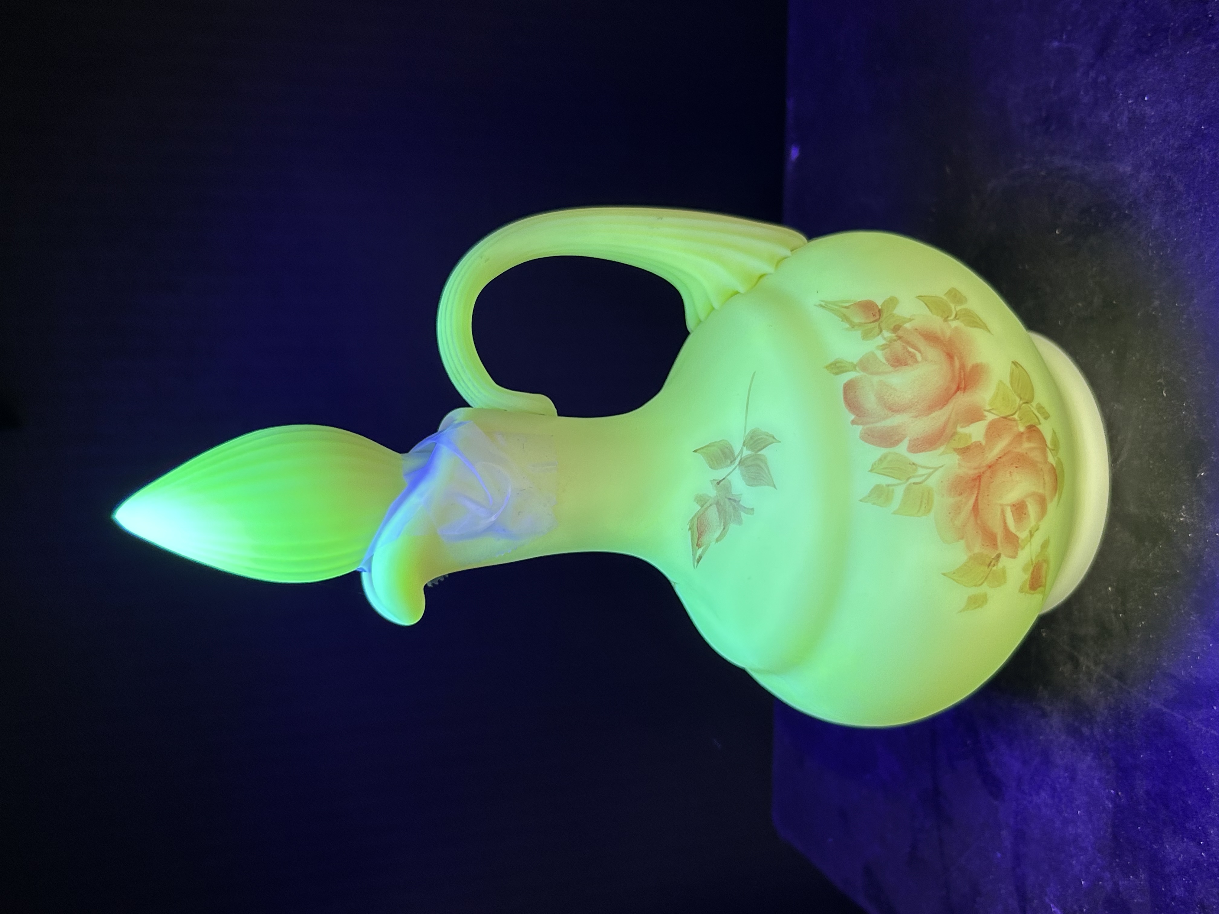 FENTON HAND-PAINTED URANIUM GLASS CRUET, 1970S