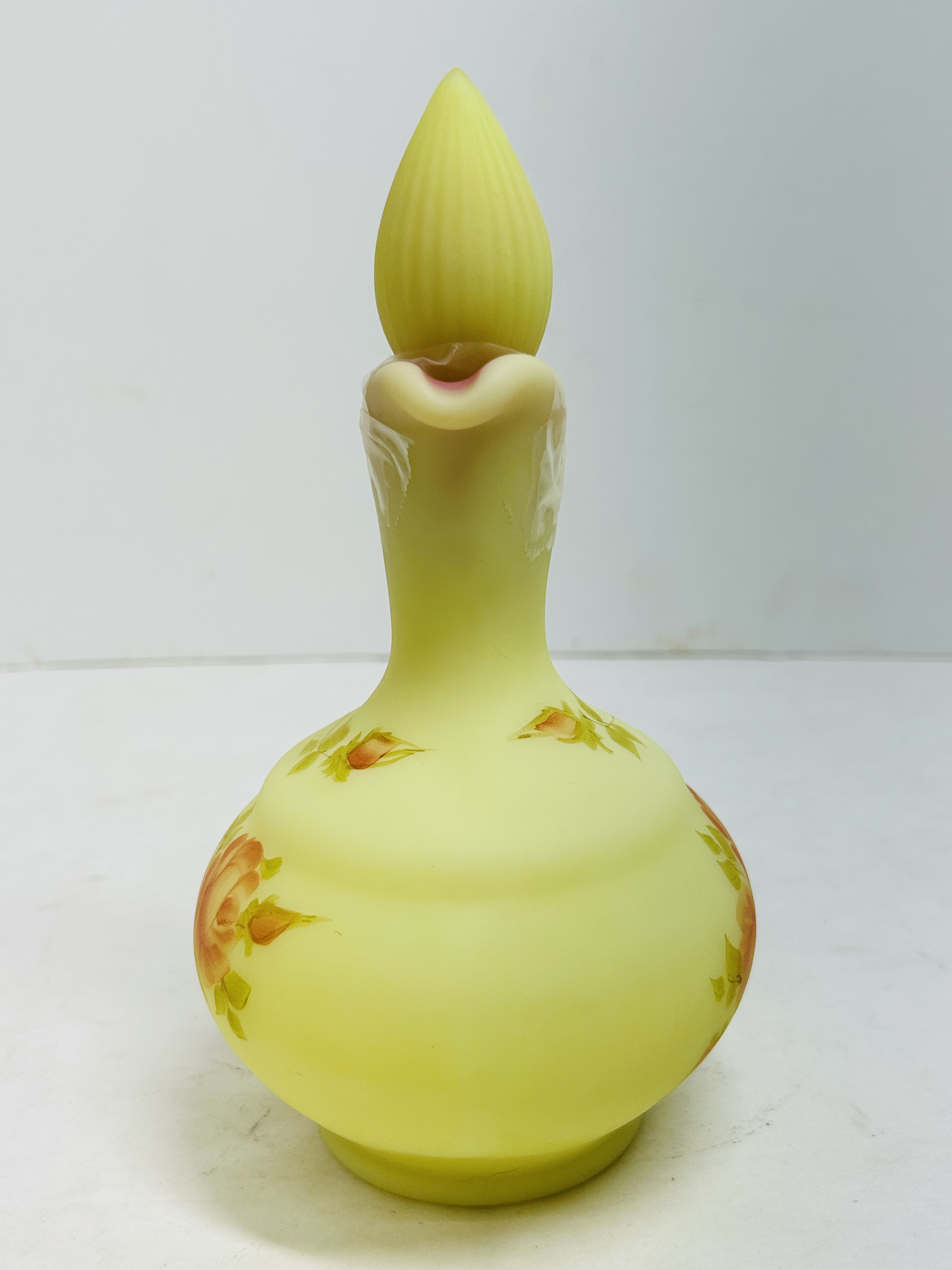 FENTON HAND-PAINTED URANIUM GLASS CRUET, 1970S