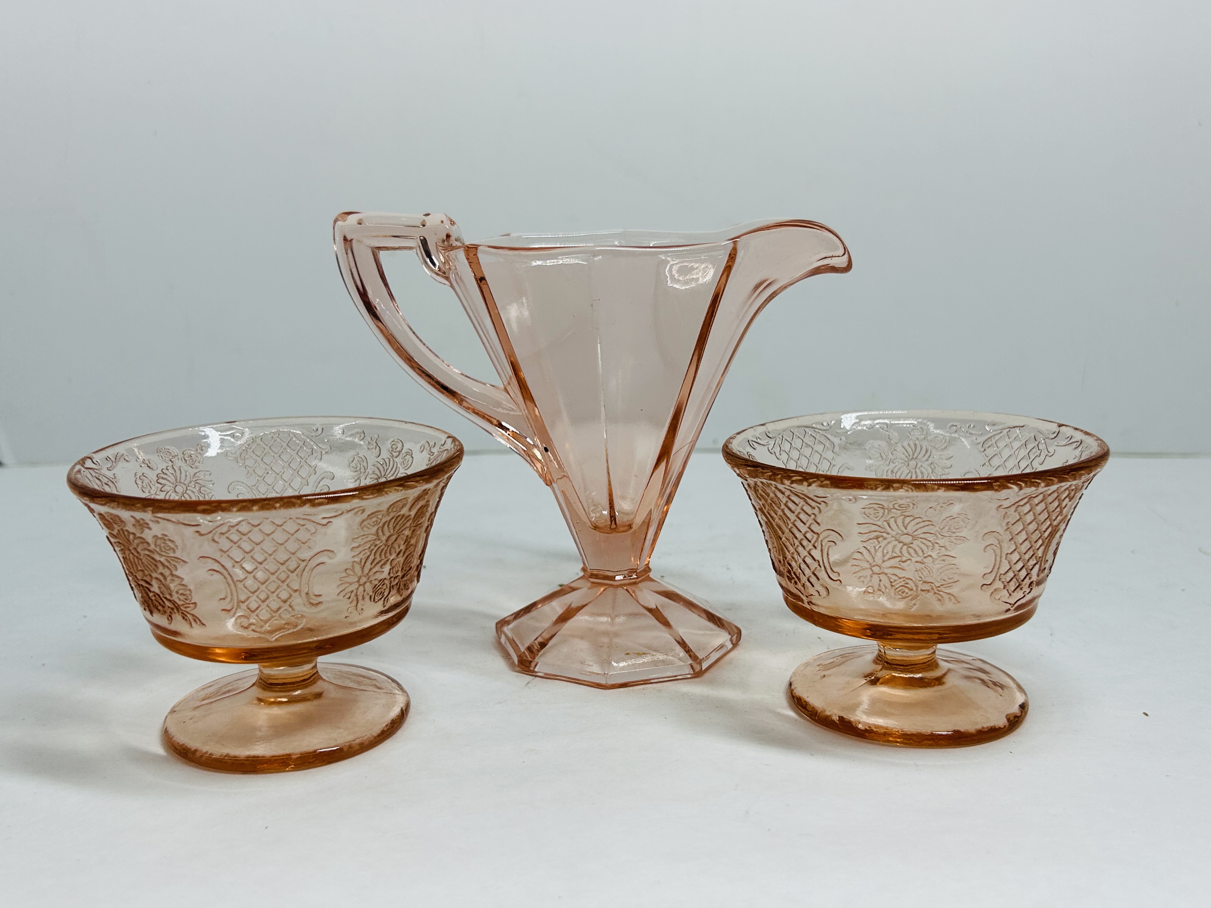 PINK DEPRESSION GLASS TABLEWARE TRIO 1930S