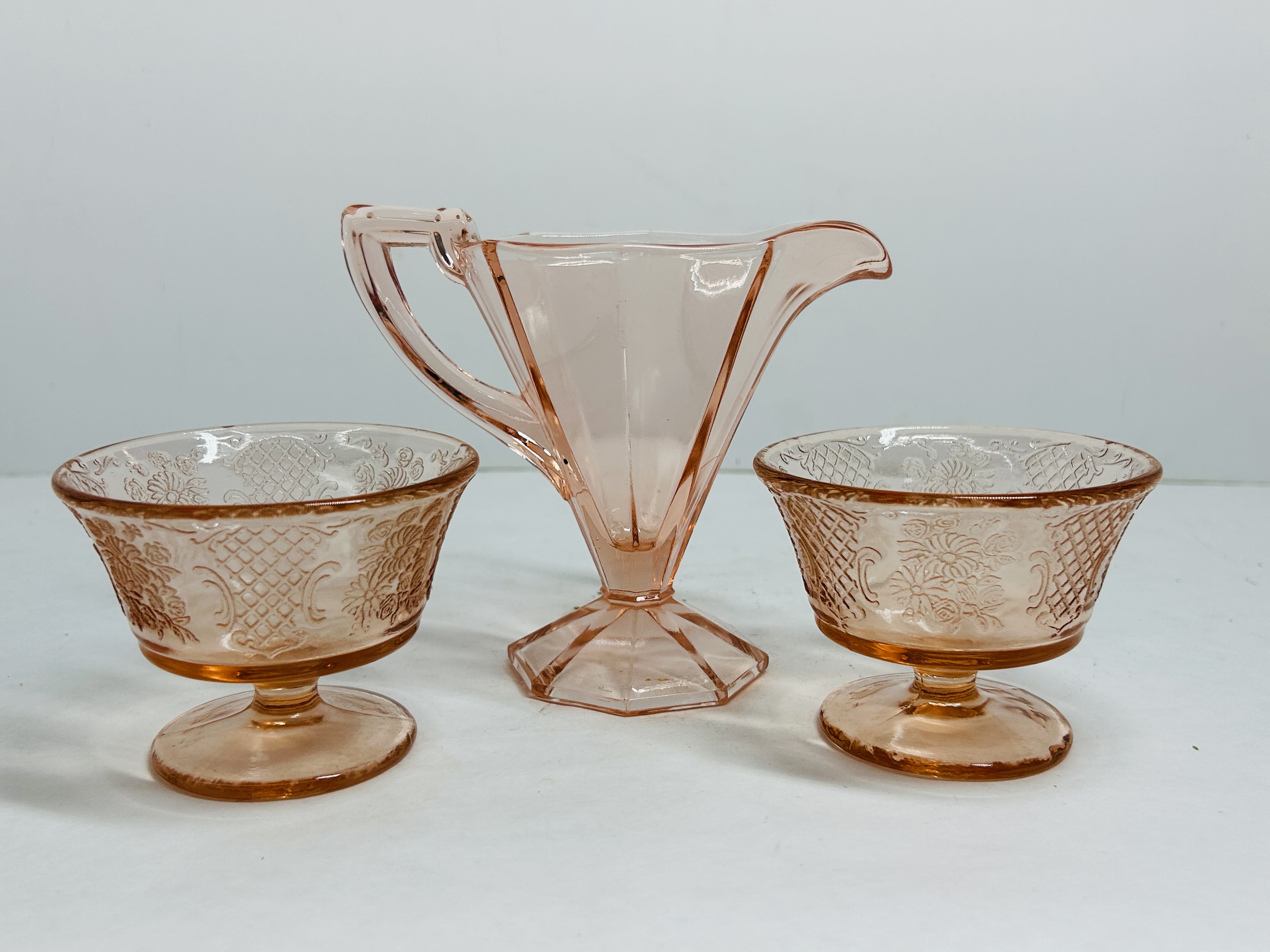 PINK DEPRESSION GLASS TABLEWARE TRIO 1930S