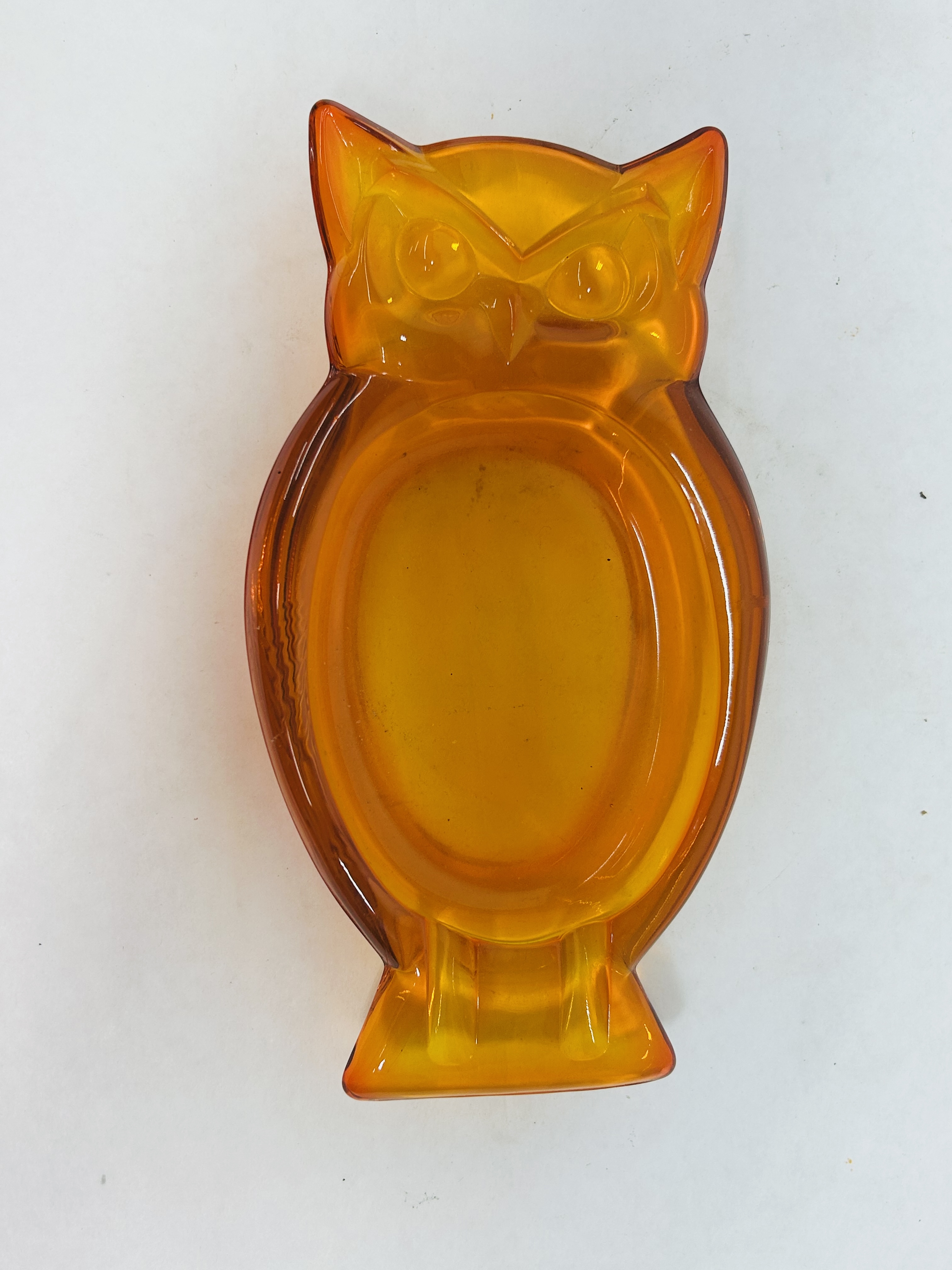 VIKING ATTRIBUTED AMBER GLASS OWL DISH, 1970