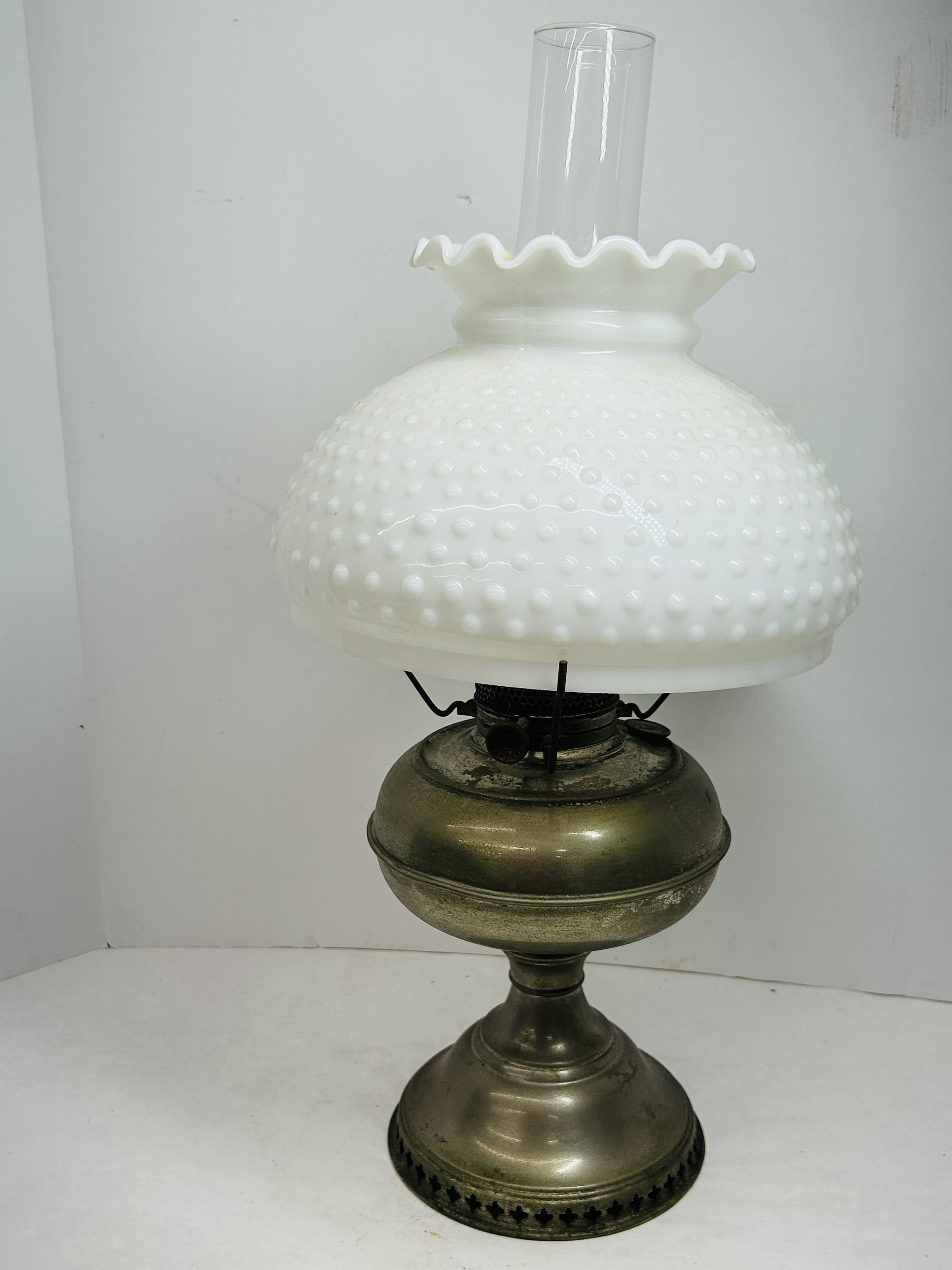 AMERICAN HOBNAIL GLASS OIL LAMP, C. 1900