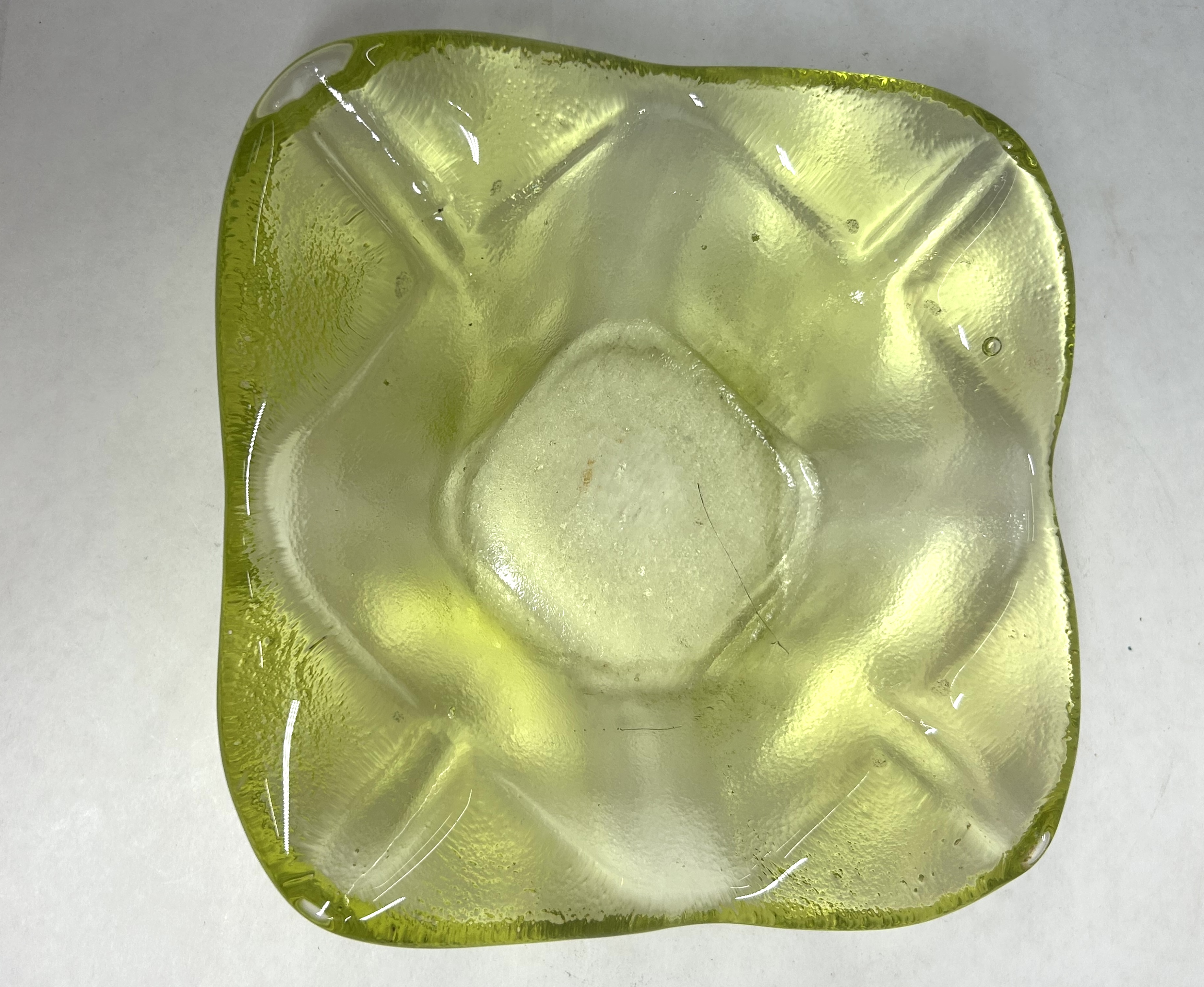 MID-CENTURY CHARTREUSE GLASS ASHTRAY