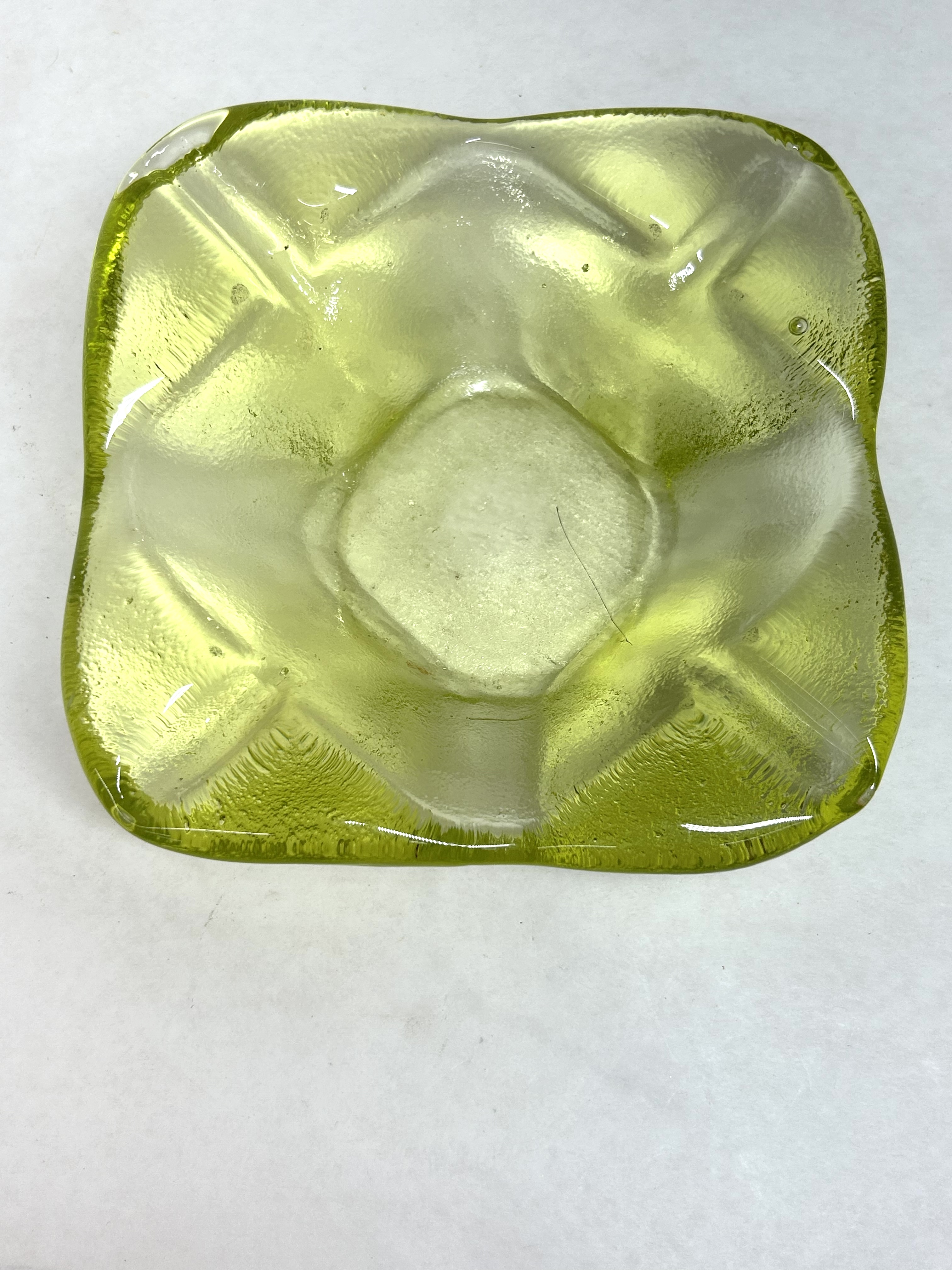 MID-CENTURY CHARTREUSE GLASS ASHTRAY