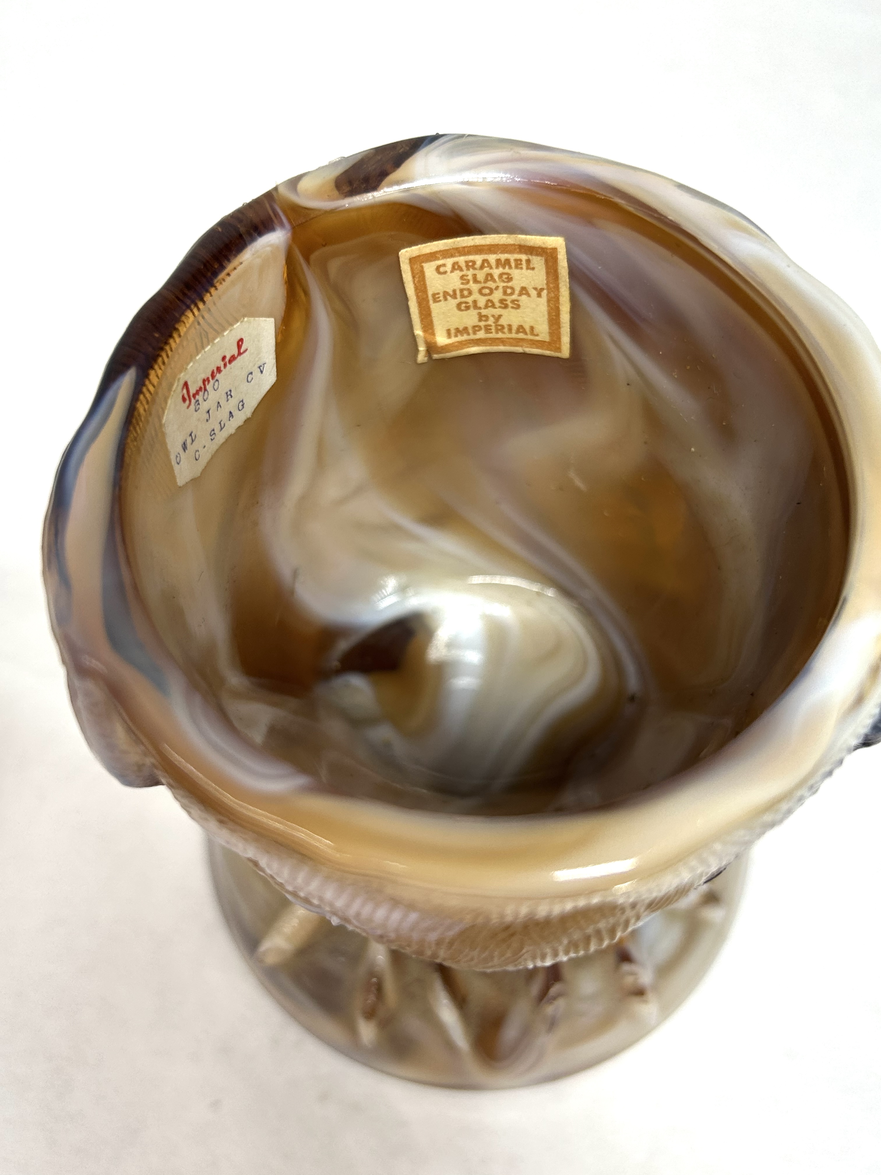 IMPERIAL CARAMEL SLAG OWL JAR