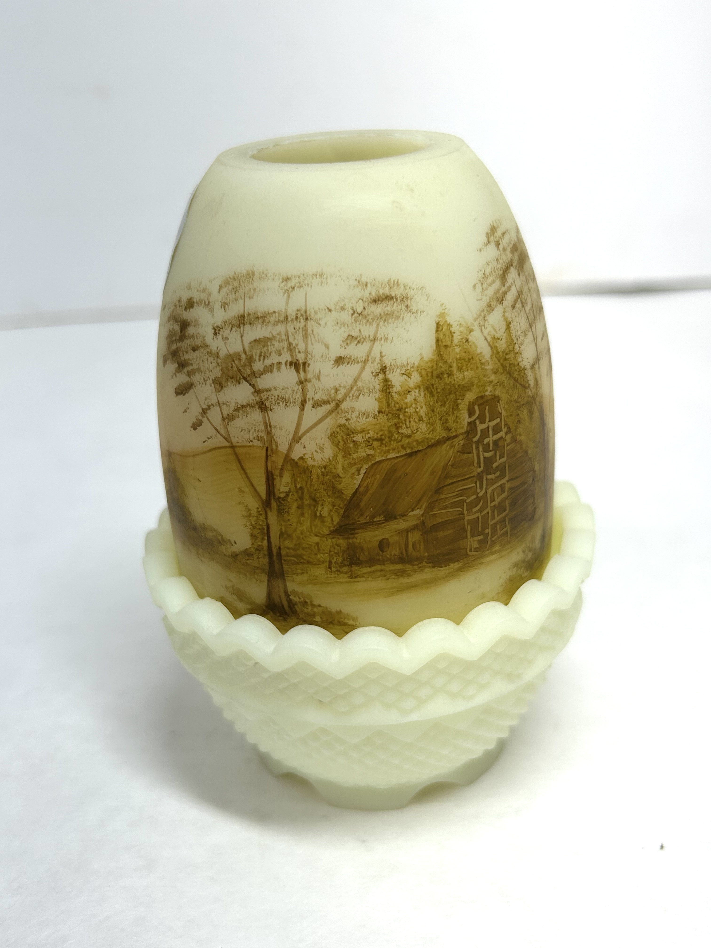 FENTON SATIN CUSTARD FAIRY LAMP, C. 1975 L PIPER