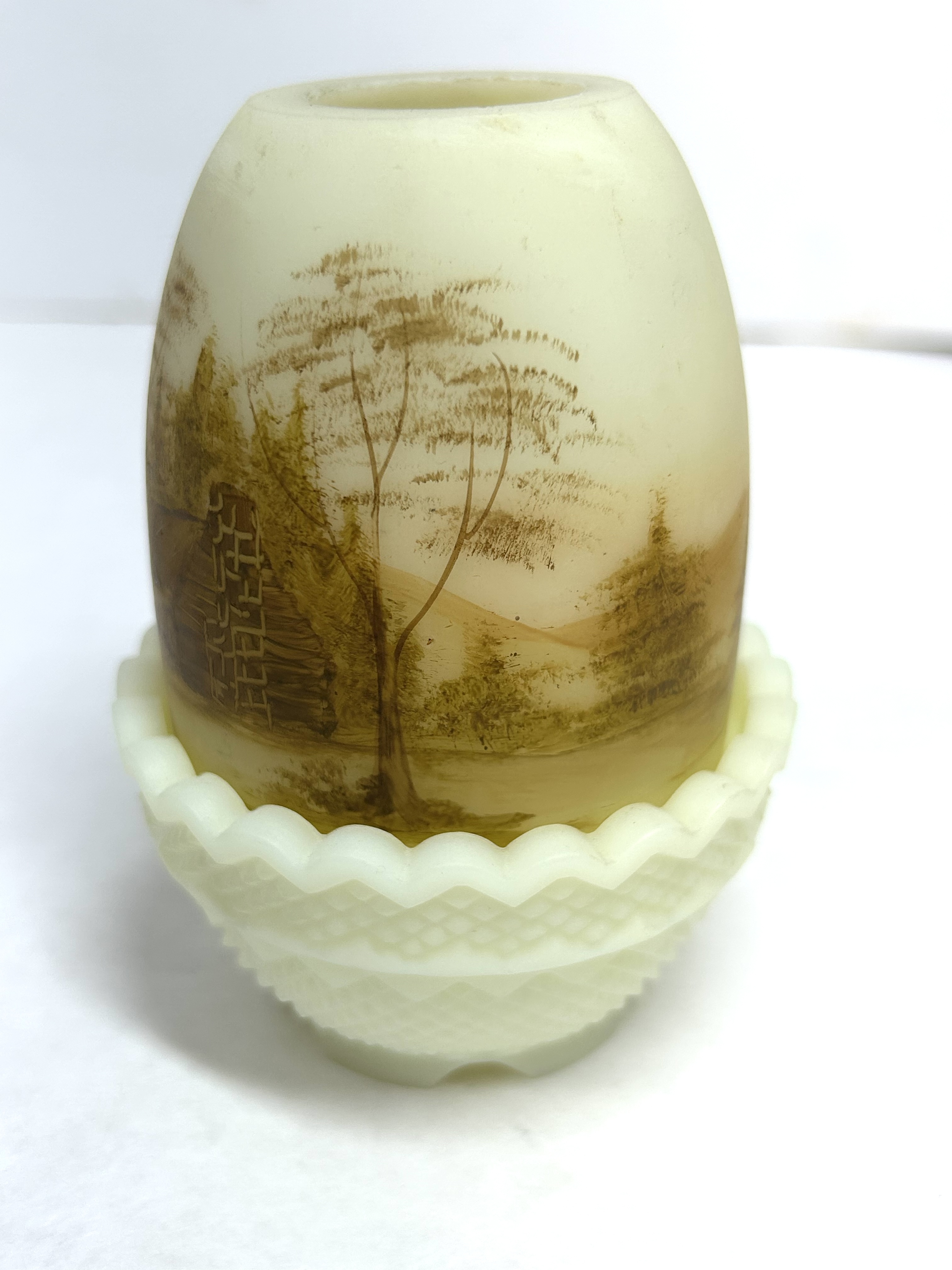 FENTON SATIN CUSTARD FAIRY LAMP, C. 1975 L PIPER