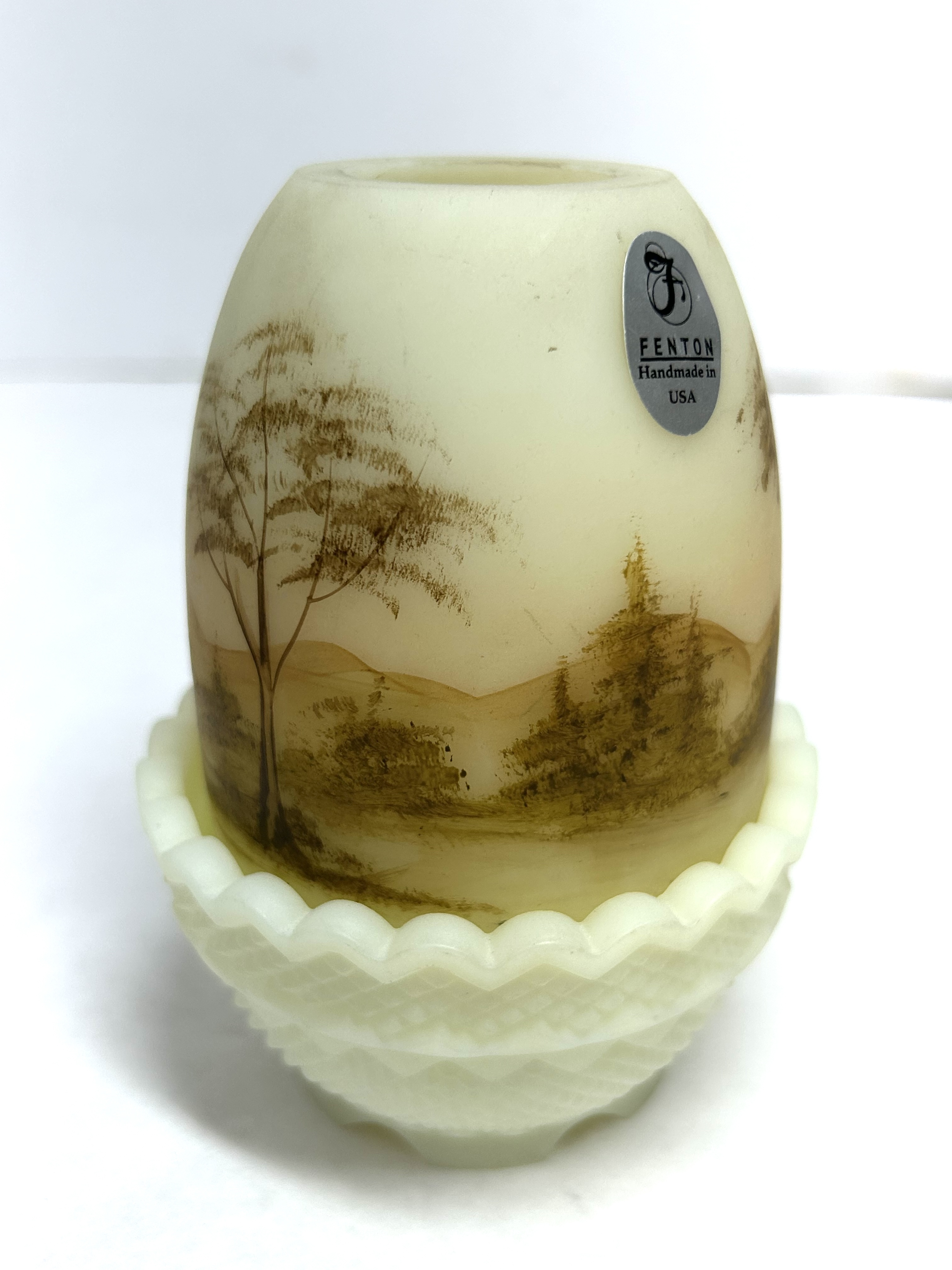 FENTON SATIN CUSTARD FAIRY LAMP, C. 1975 L PIPER