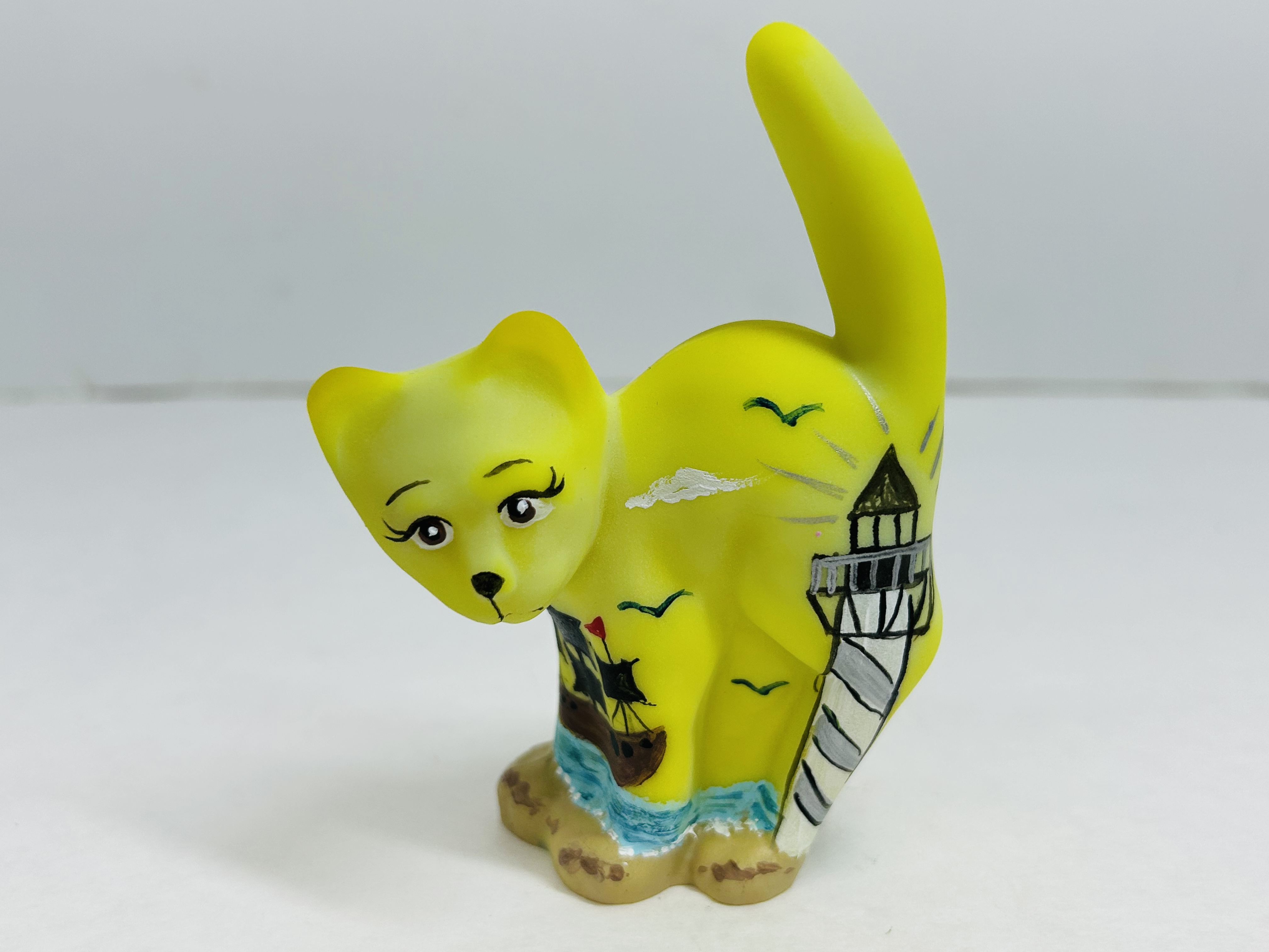 FENTON PAINTED SATIN GLASS CAT, 2000S