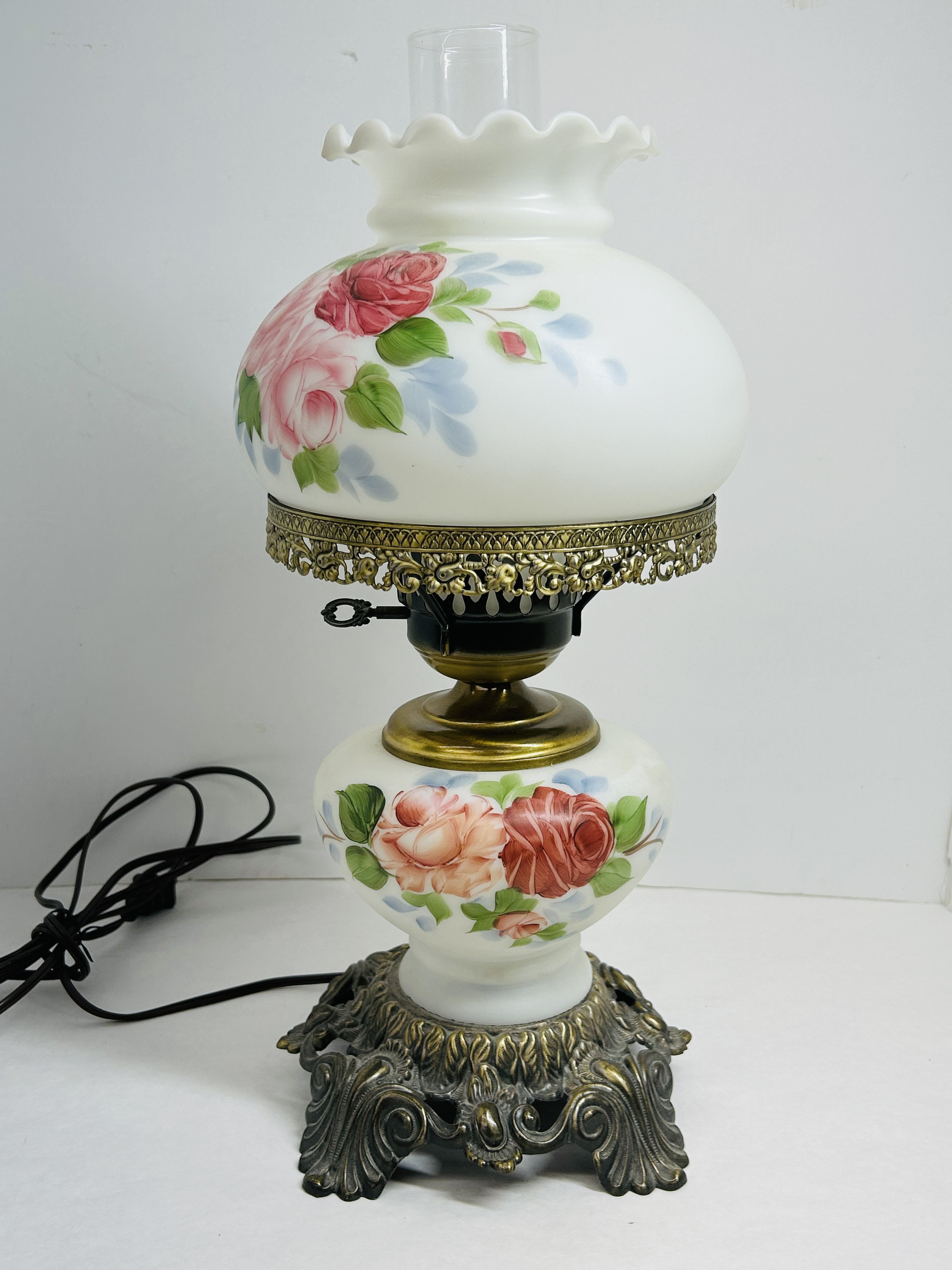 VINTAGE PAINTED MILK GLASS HURRICANE LAMP