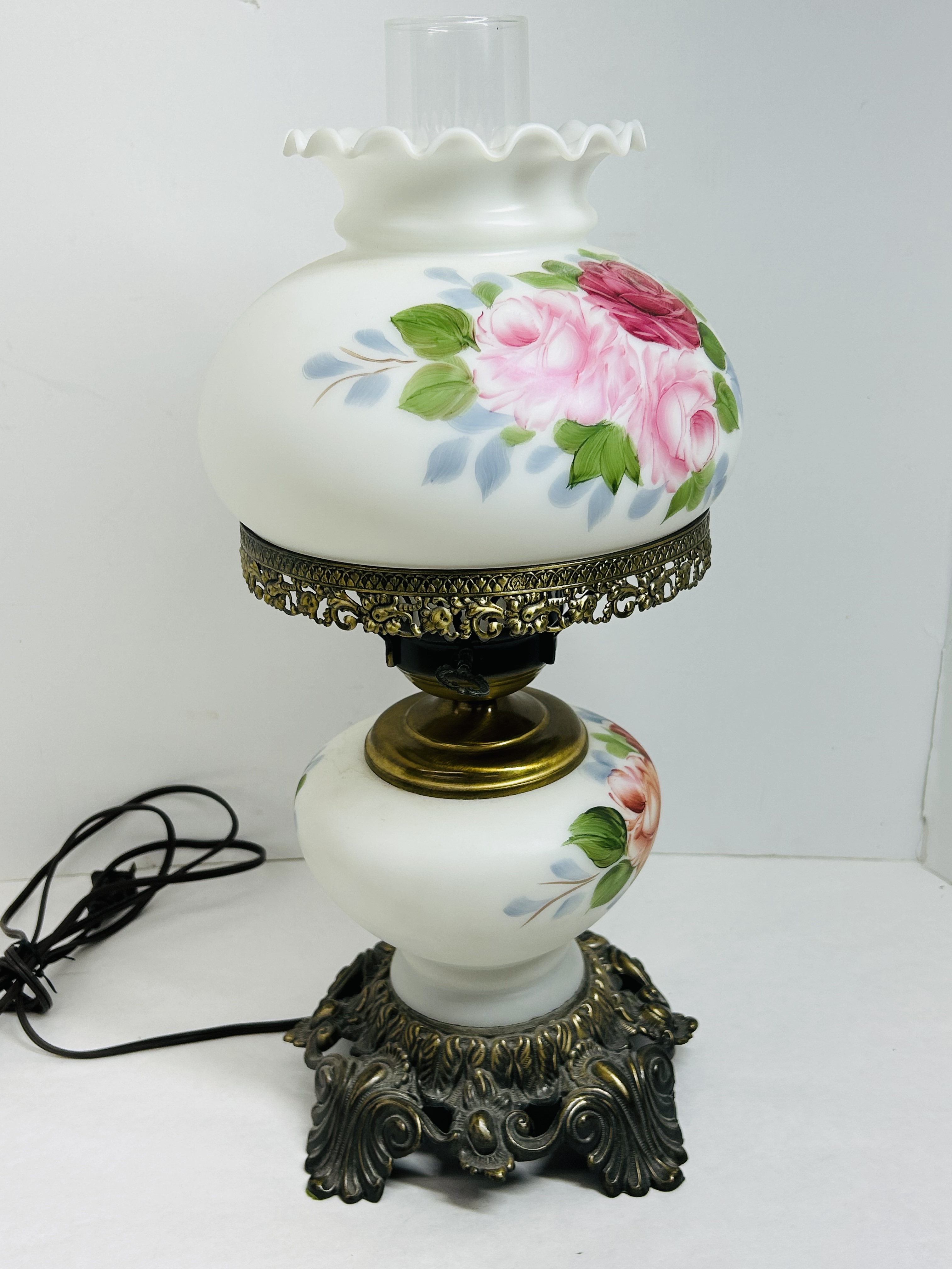 VINTAGE PAINTED MILK GLASS HURRICANE LAMP