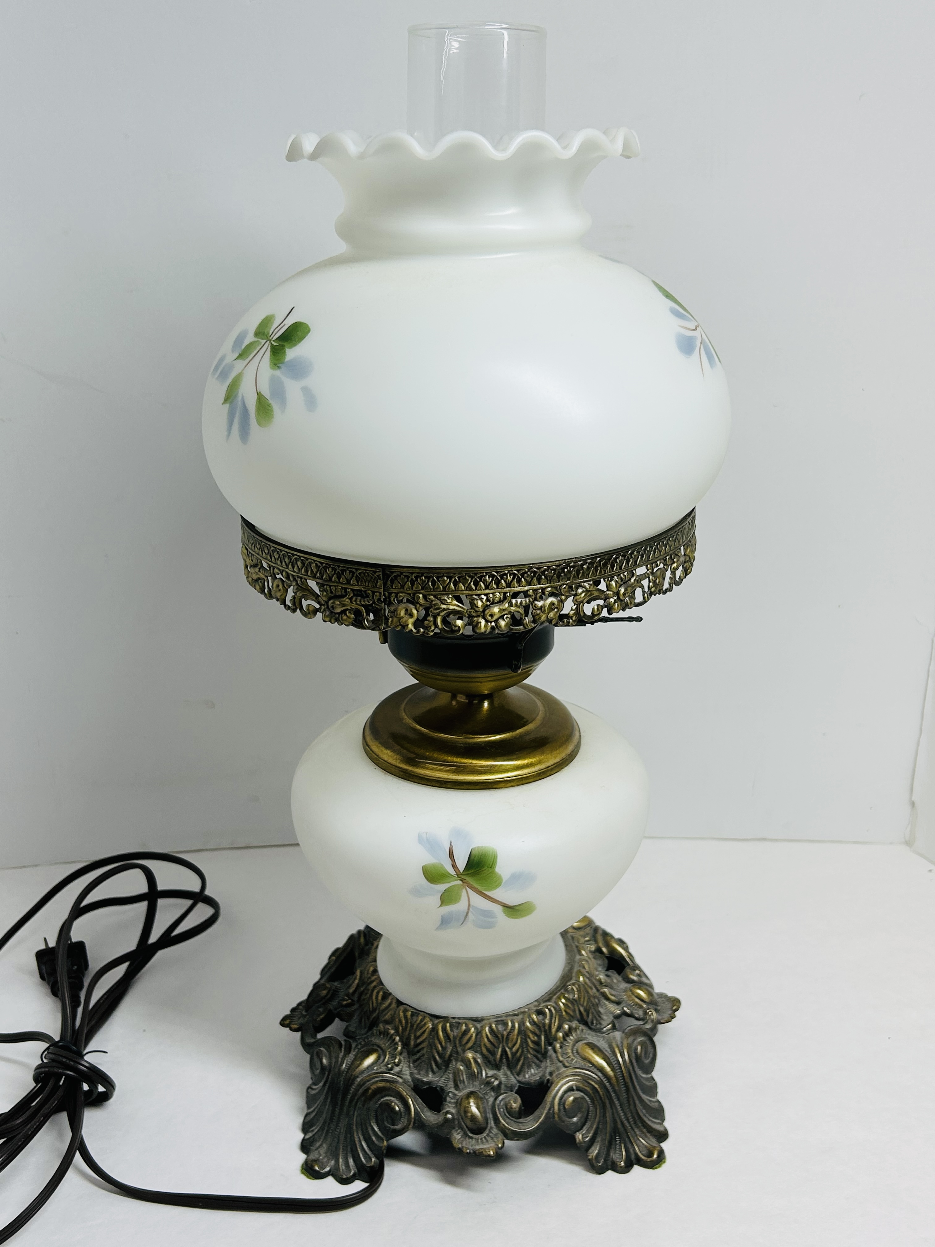 VINTAGE PAINTED MILK GLASS HURRICANE LAMP