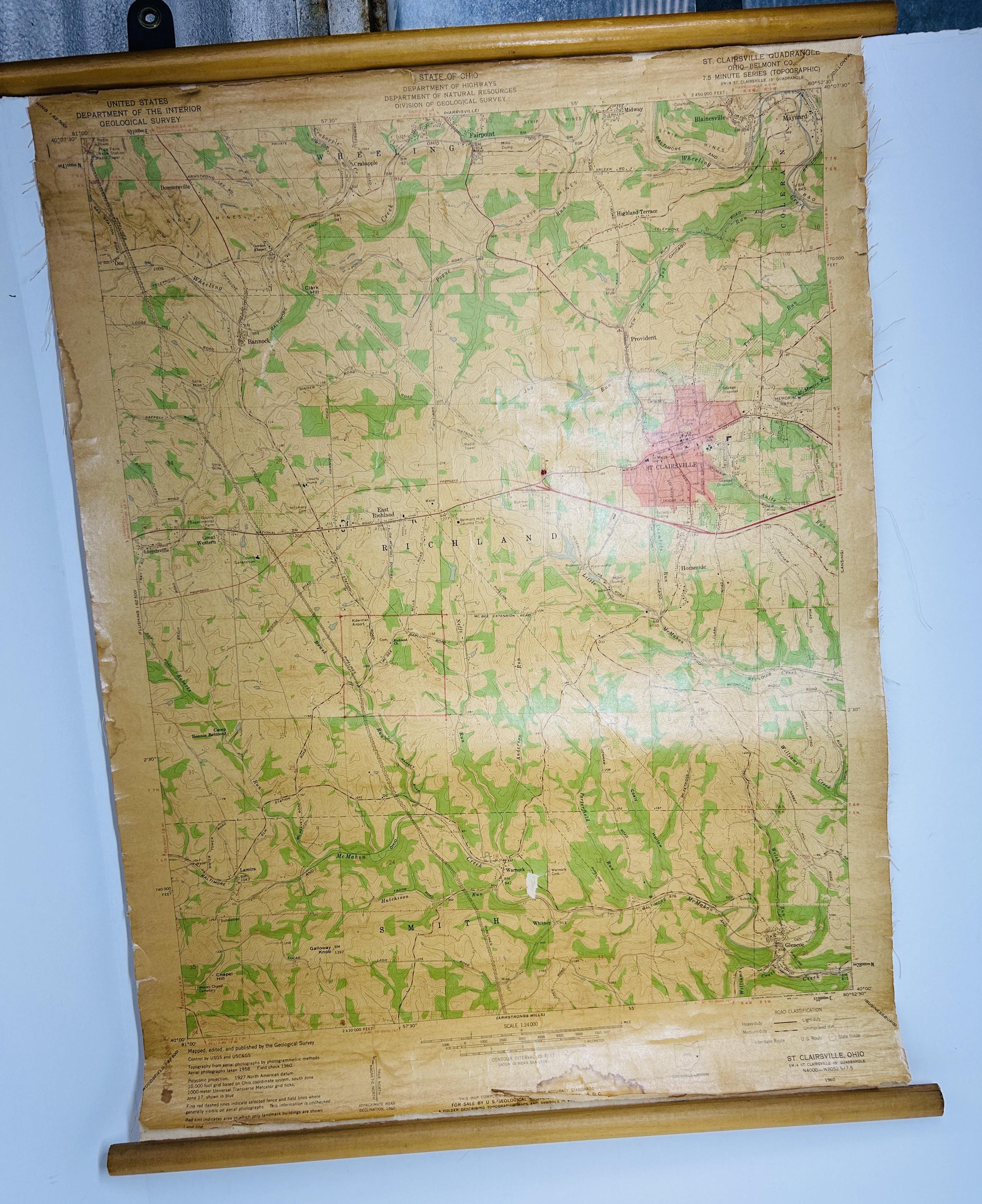USGS OHIO ST. CLAIRSVILLE PAPER MAP, 1960