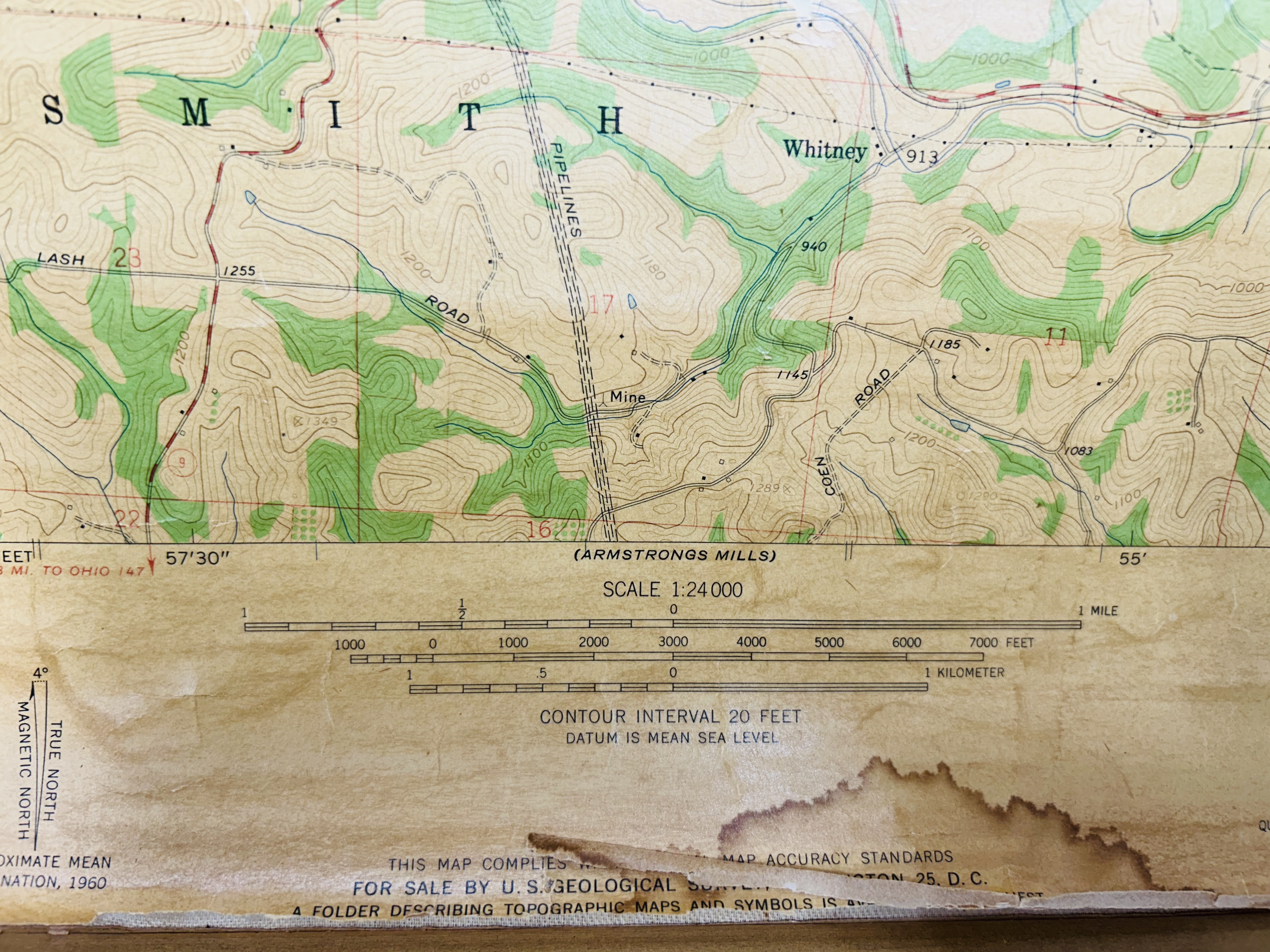 USGS OHIO ST. CLAIRSVILLE PAPER MAP, 1960