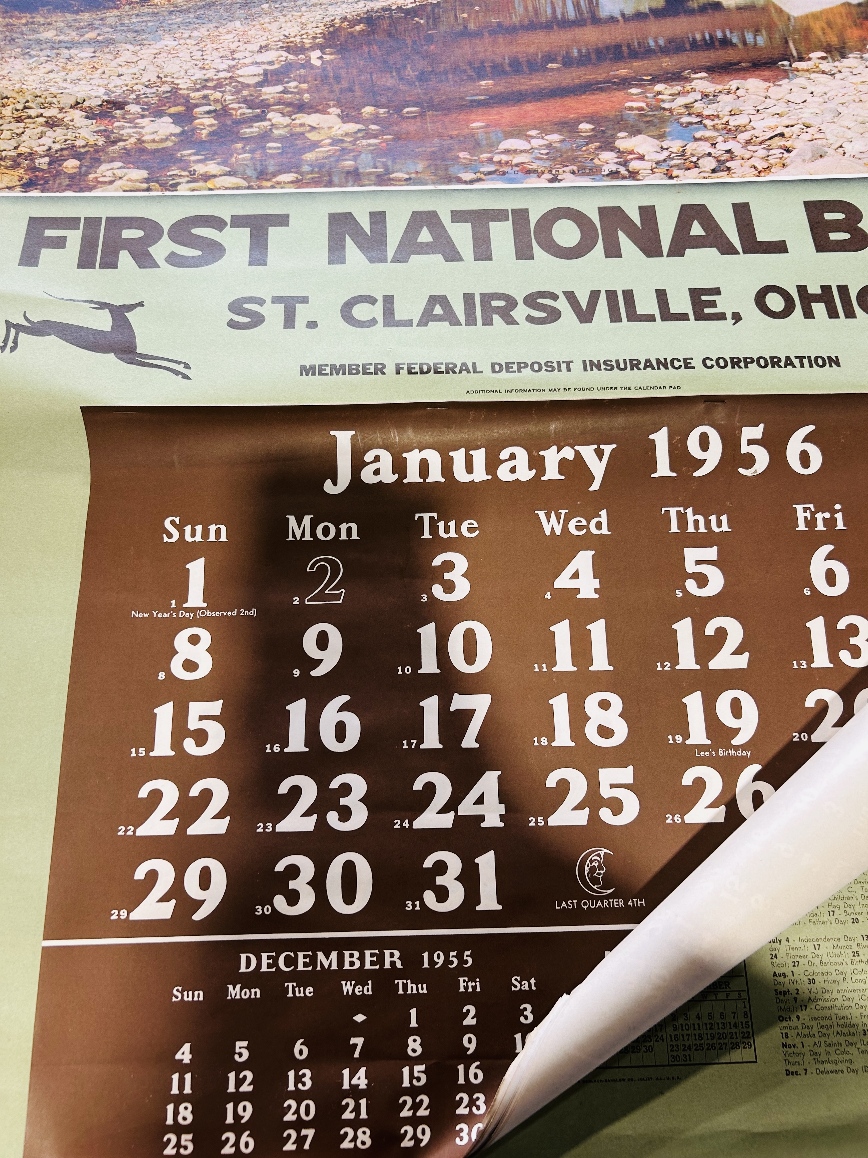 FIRST NATIONAL BANK PAPER CALENDAR, 1956