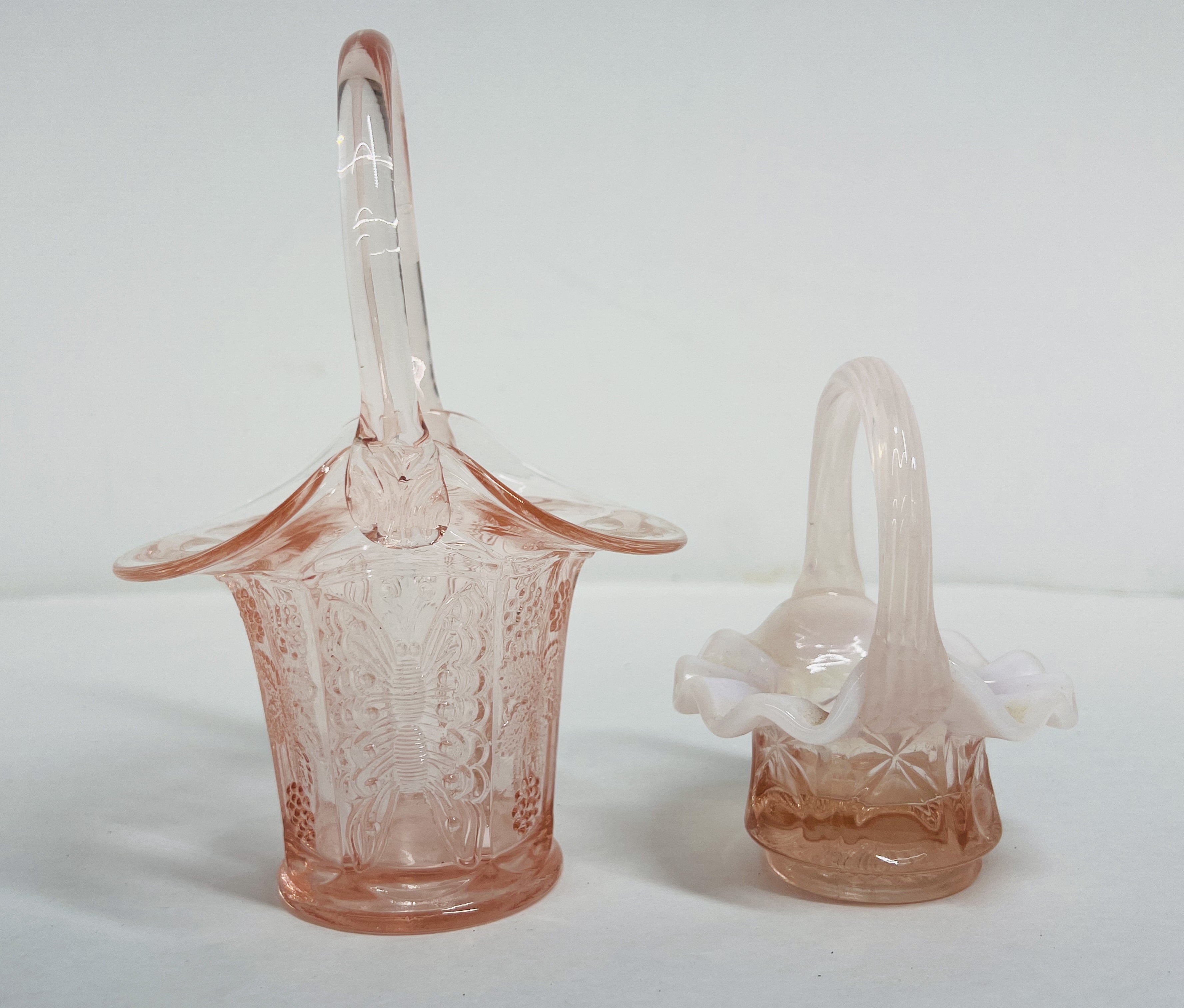 FENTON STYLE PINK GLASS BASKETS MID-CENTURY