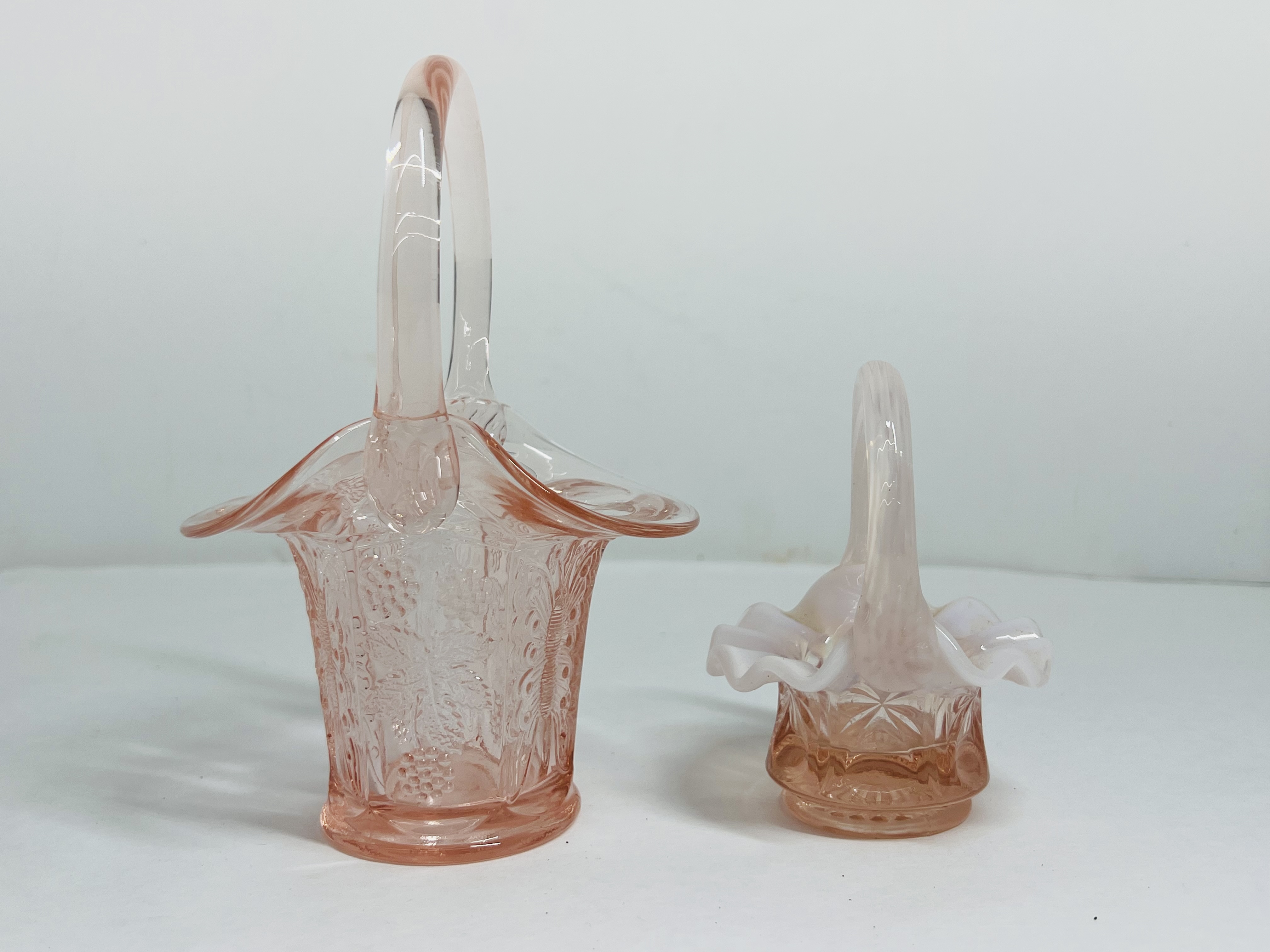 FENTON STYLE PINK GLASS BASKETS MID-CENTURY