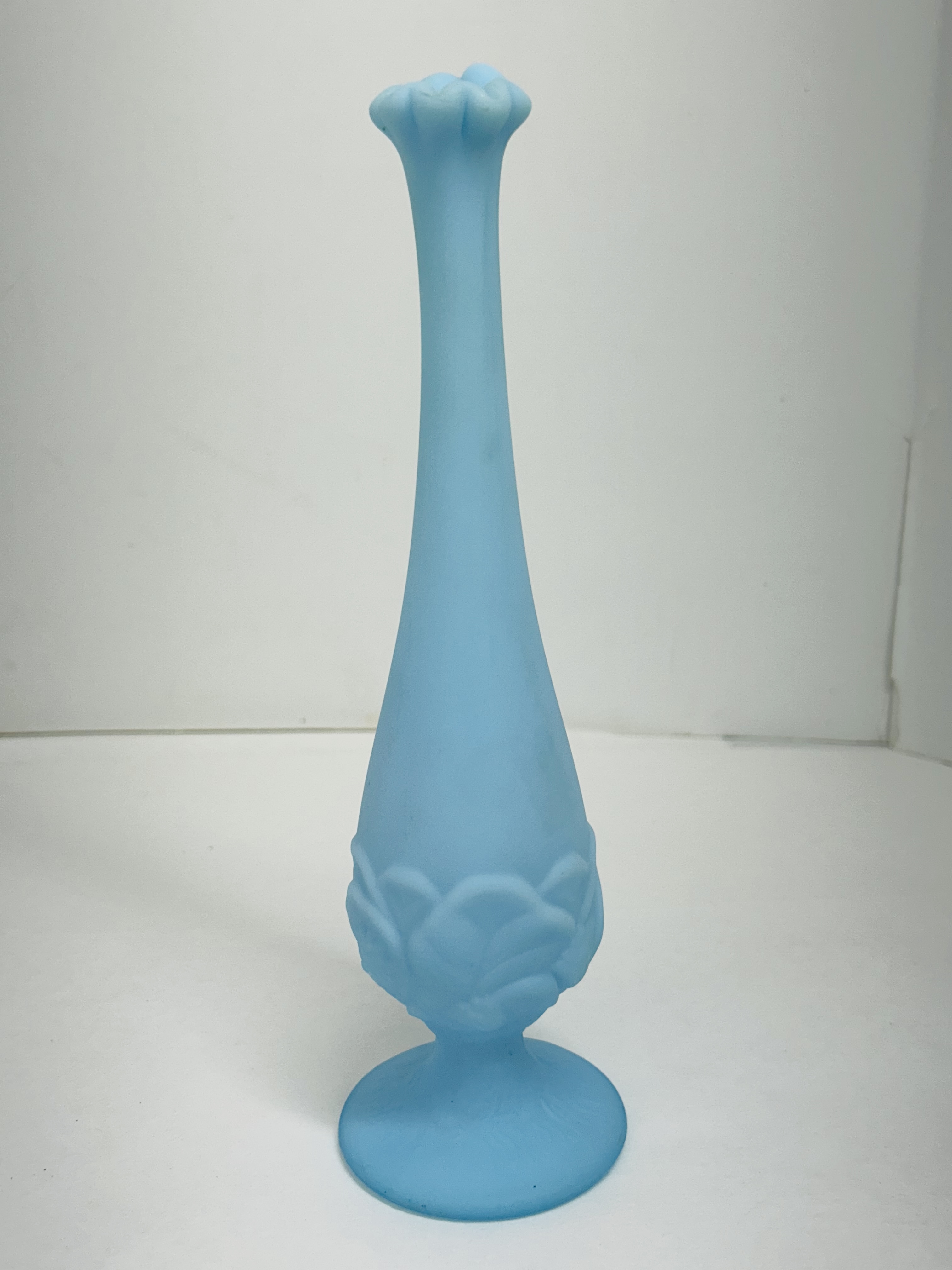 FENTON BLUE SATIN CABBAGE LEAF VASE, CIRCA 1970S