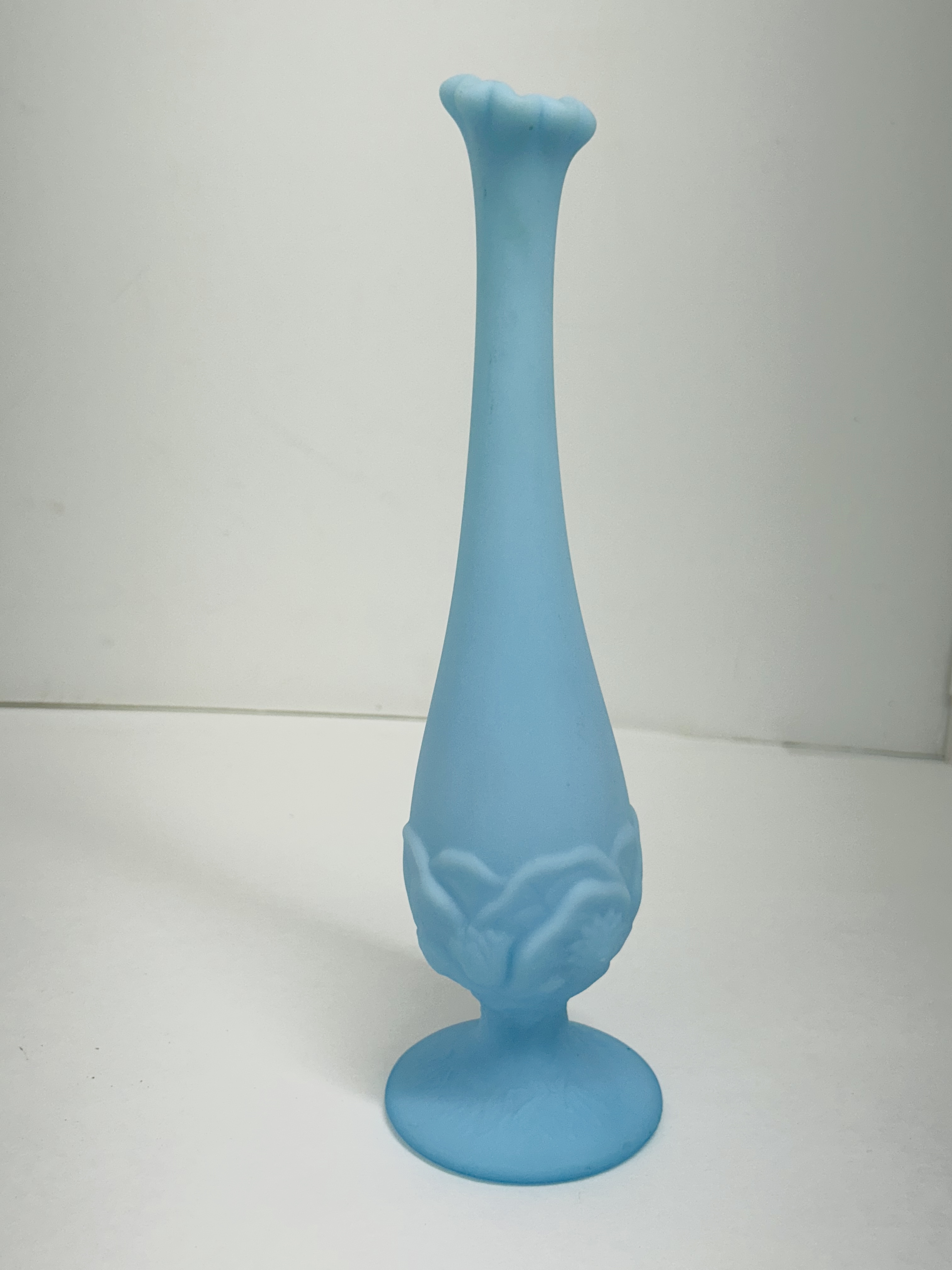 FENTON BLUE SATIN CABBAGE LEAF VASE, CIRCA 1970S