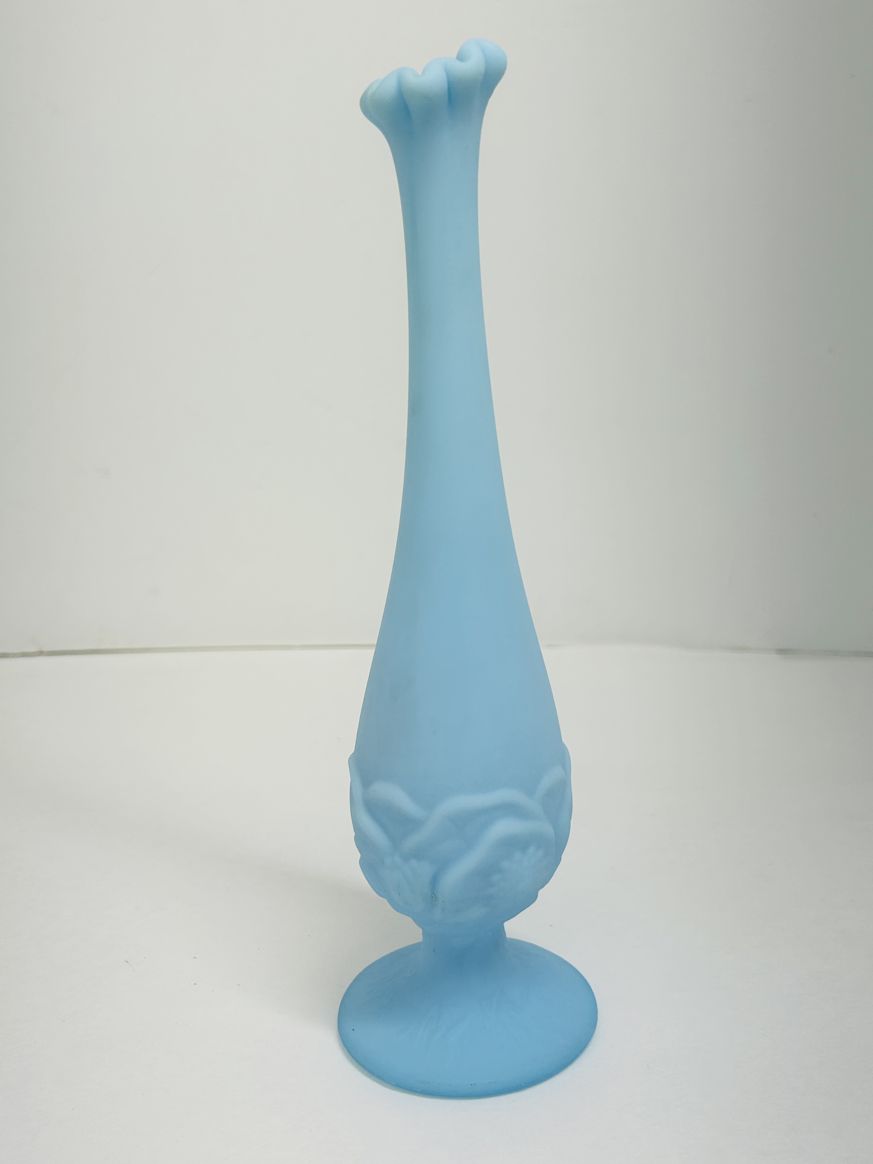 FENTON BLUE SATIN CABBAGE LEAF VASE, CIRCA 1970S