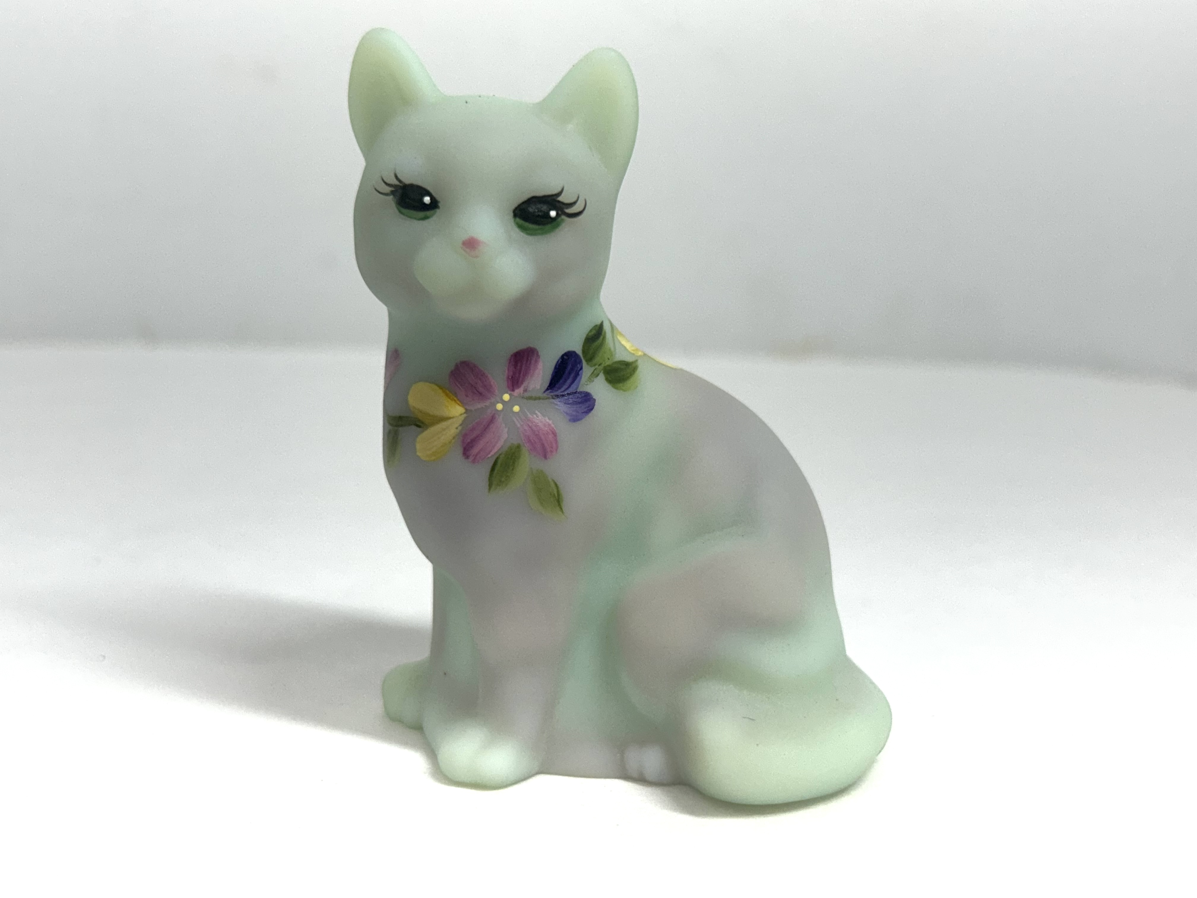 FENTON PAINTED SATIN GLASS CAT, 1980S