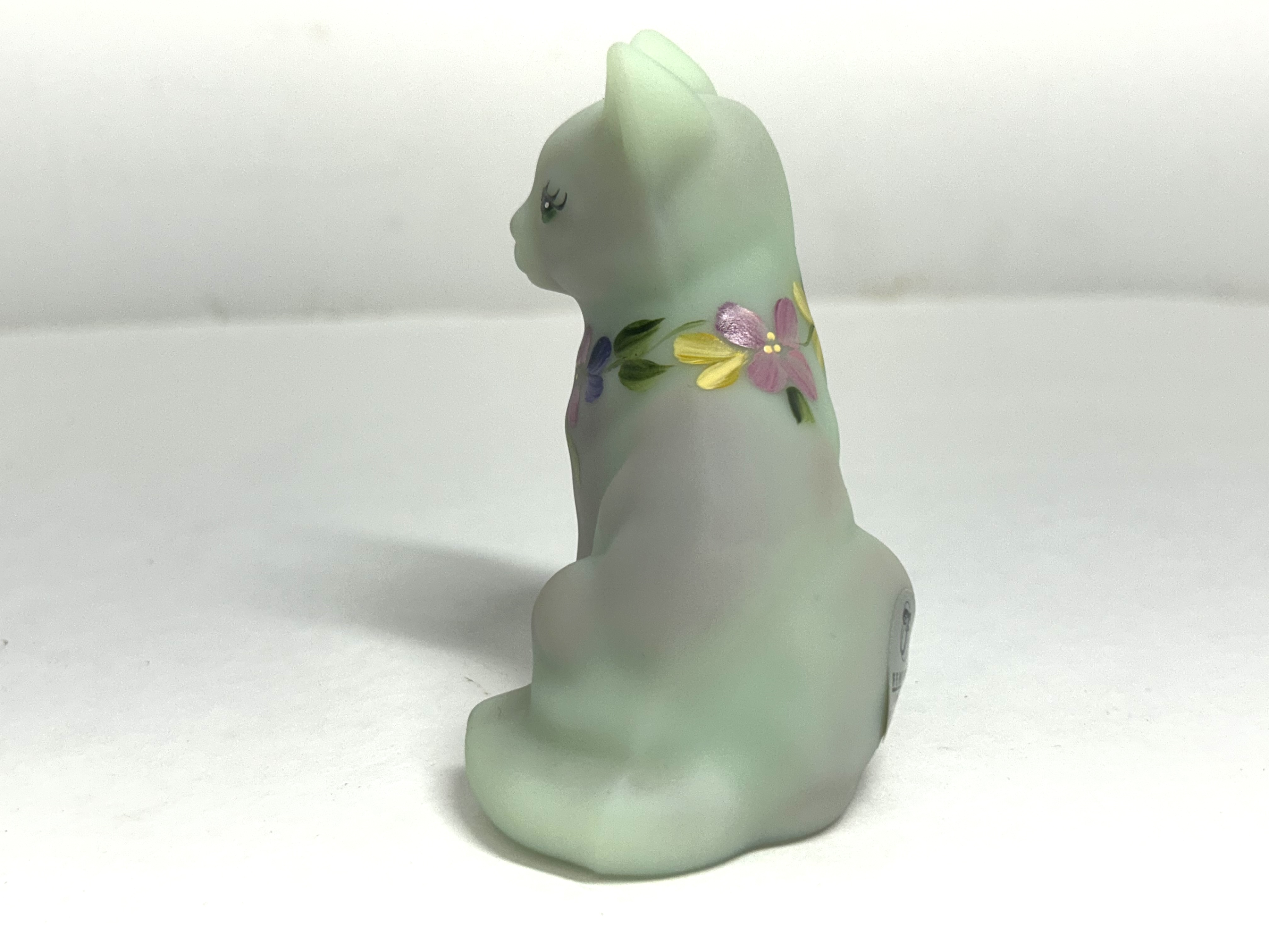 FENTON PAINTED SATIN GLASS CAT, 1980S