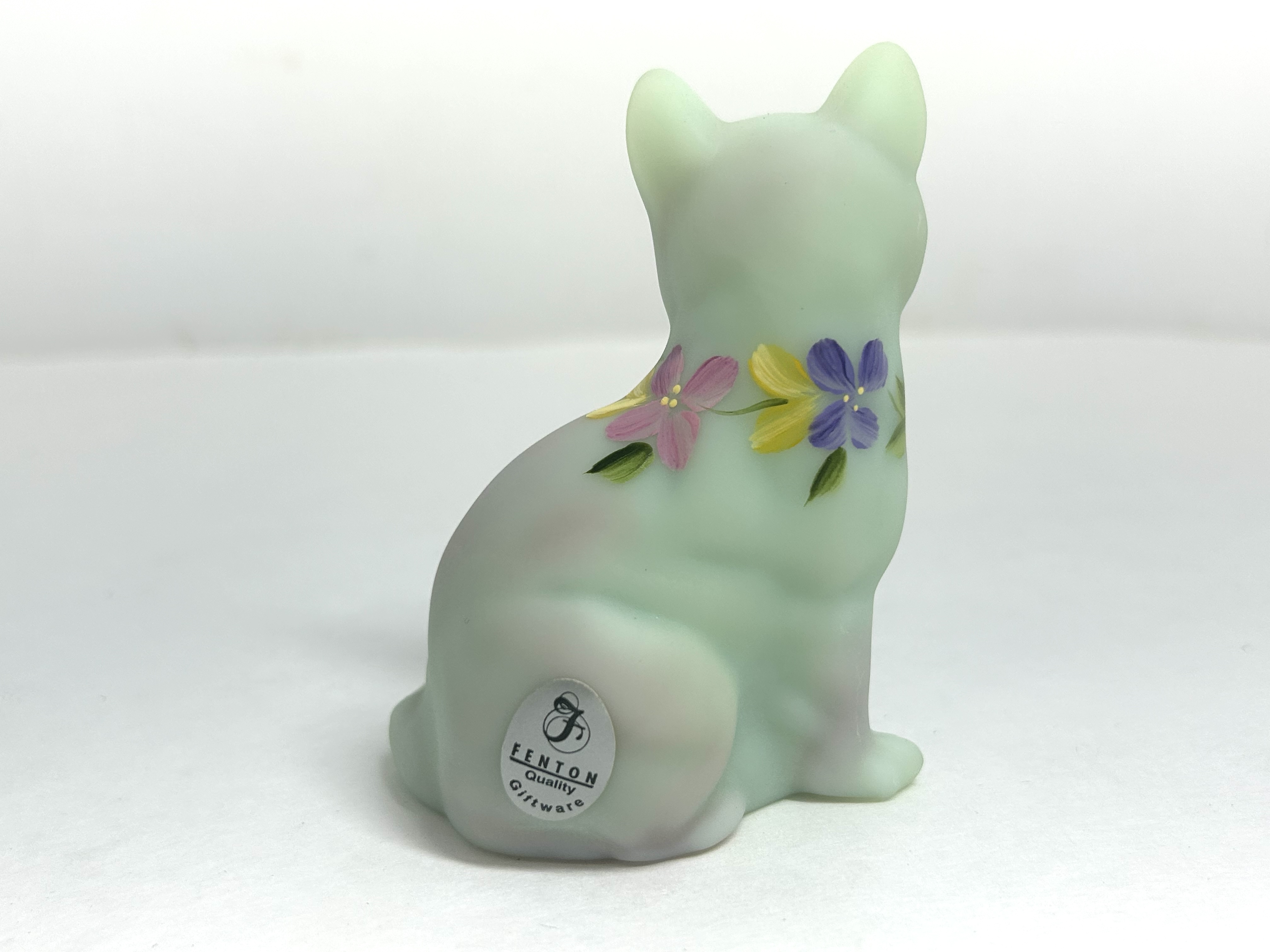 FENTON PAINTED SATIN GLASS CAT, 1980S