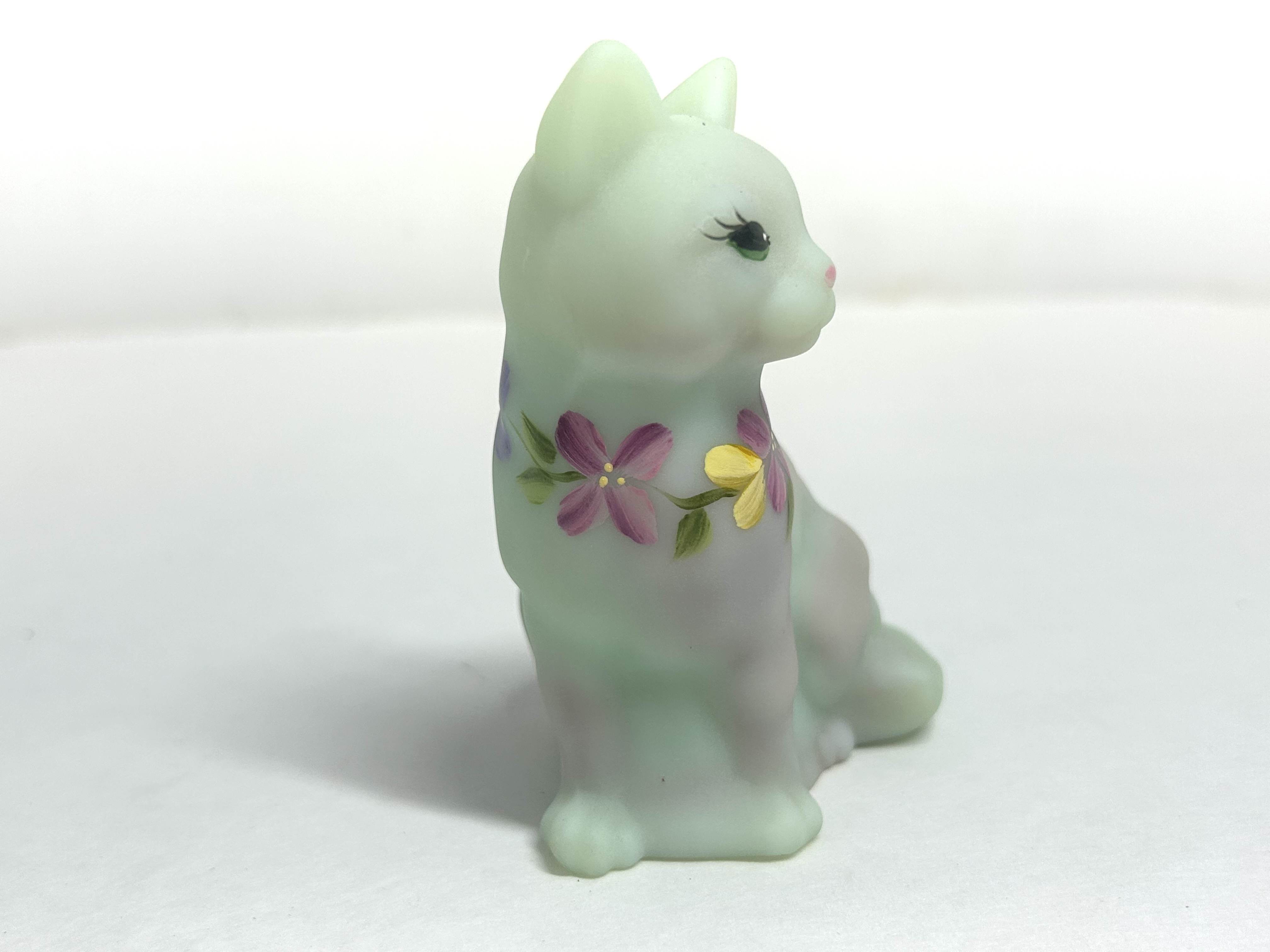 FENTON PAINTED SATIN GLASS CAT, 1980S
