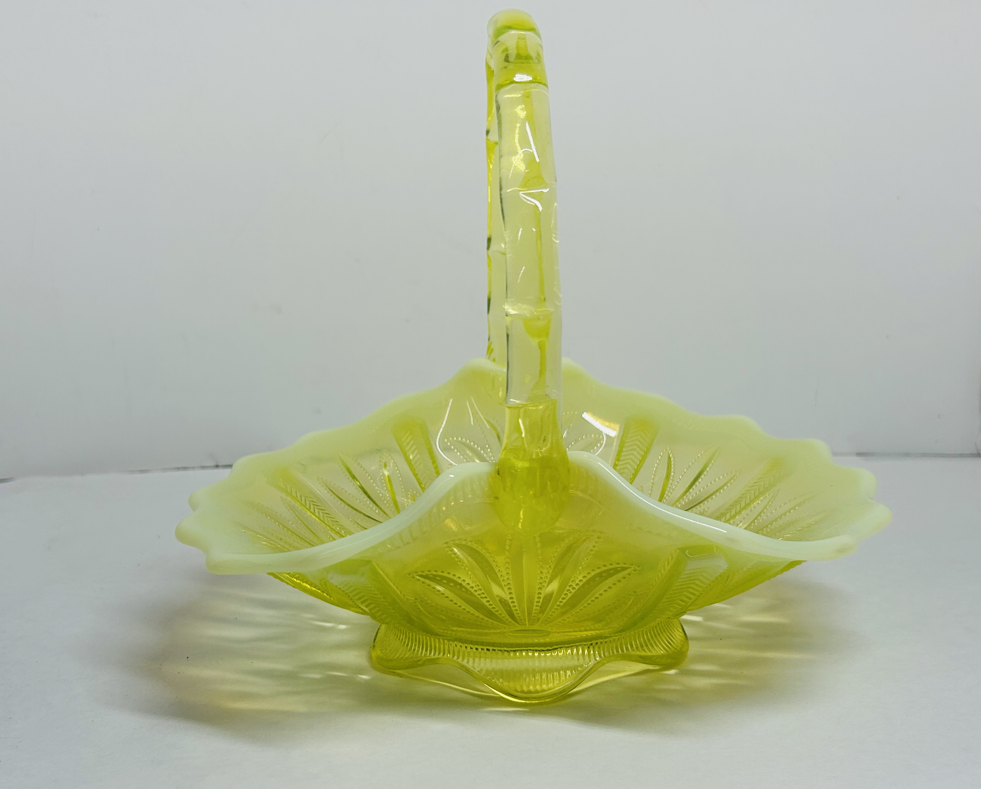 JEFFERSON GLASS OPALESCENT VASELINE BASKET, 1905