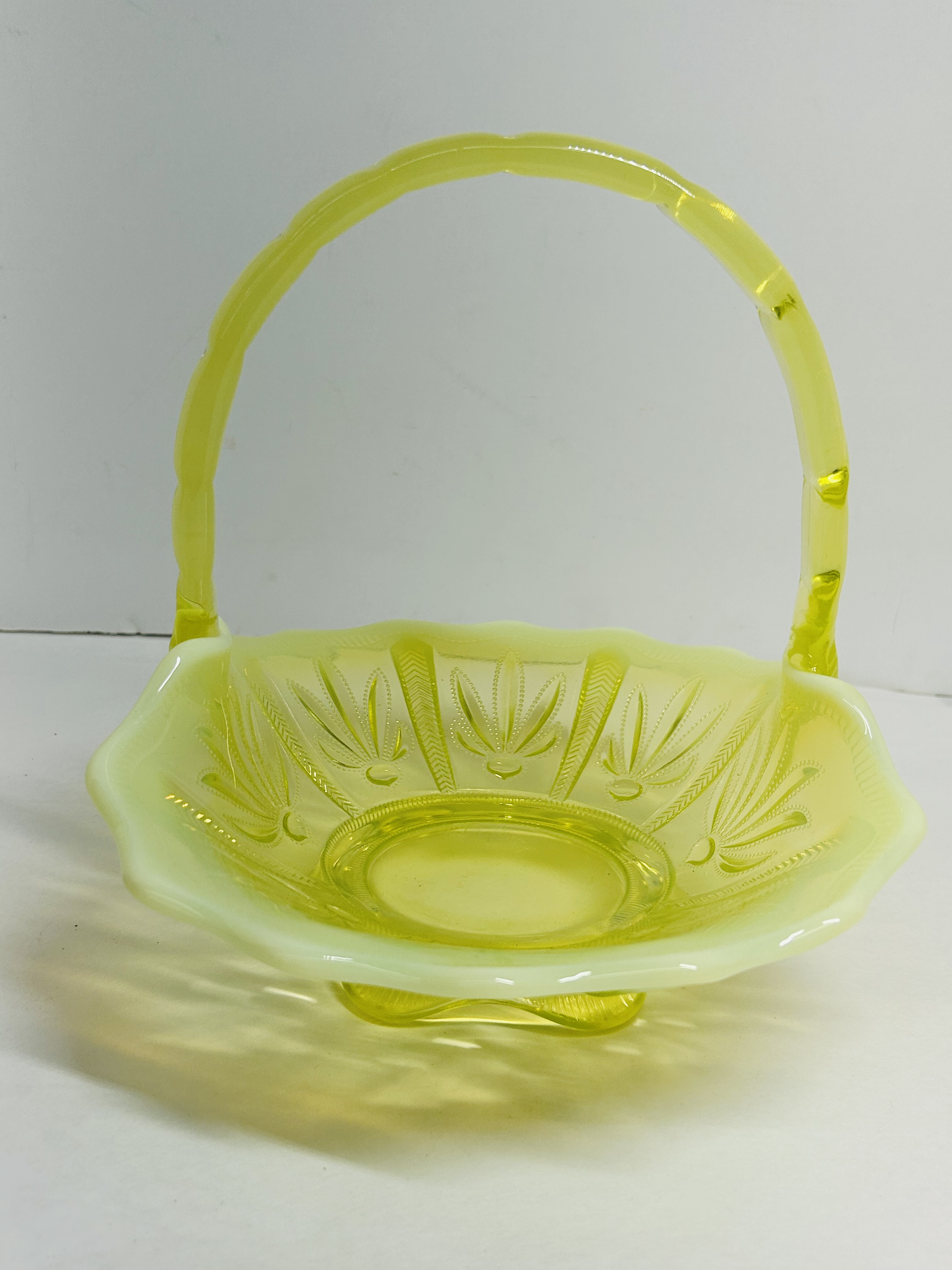 JEFFERSON GLASS OPALESCENT VASELINE BASKET, 1905