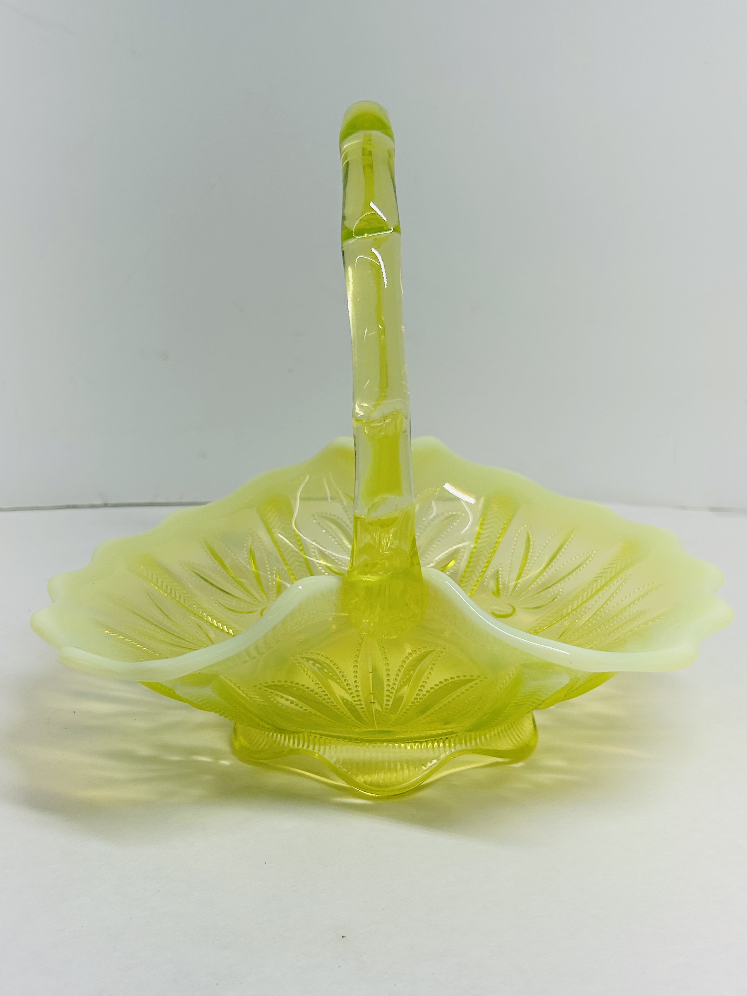 JEFFERSON GLASS OPALESCENT VASELINE BASKET, 1905