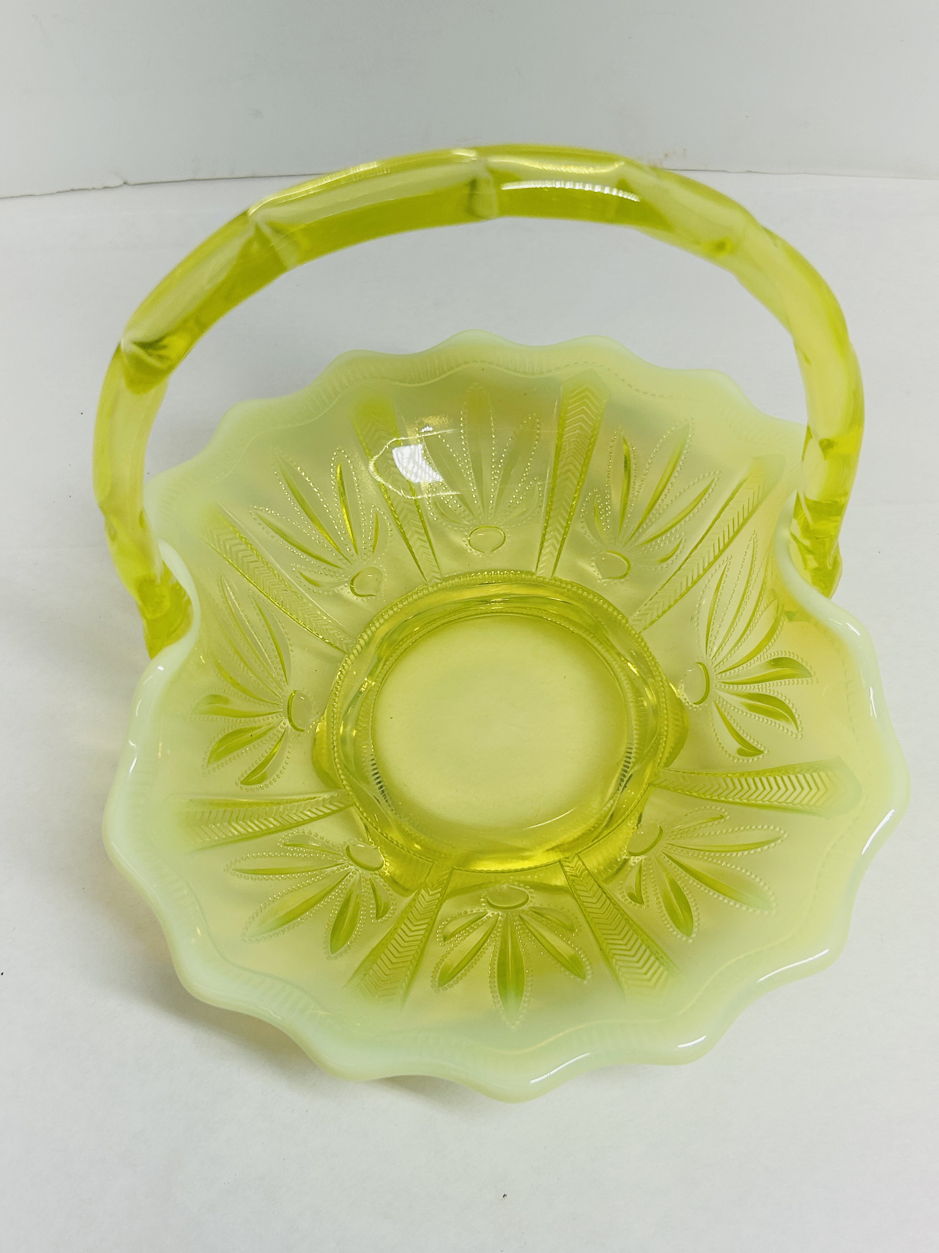 JEFFERSON GLASS OPALESCENT VASELINE BASKET, 1905