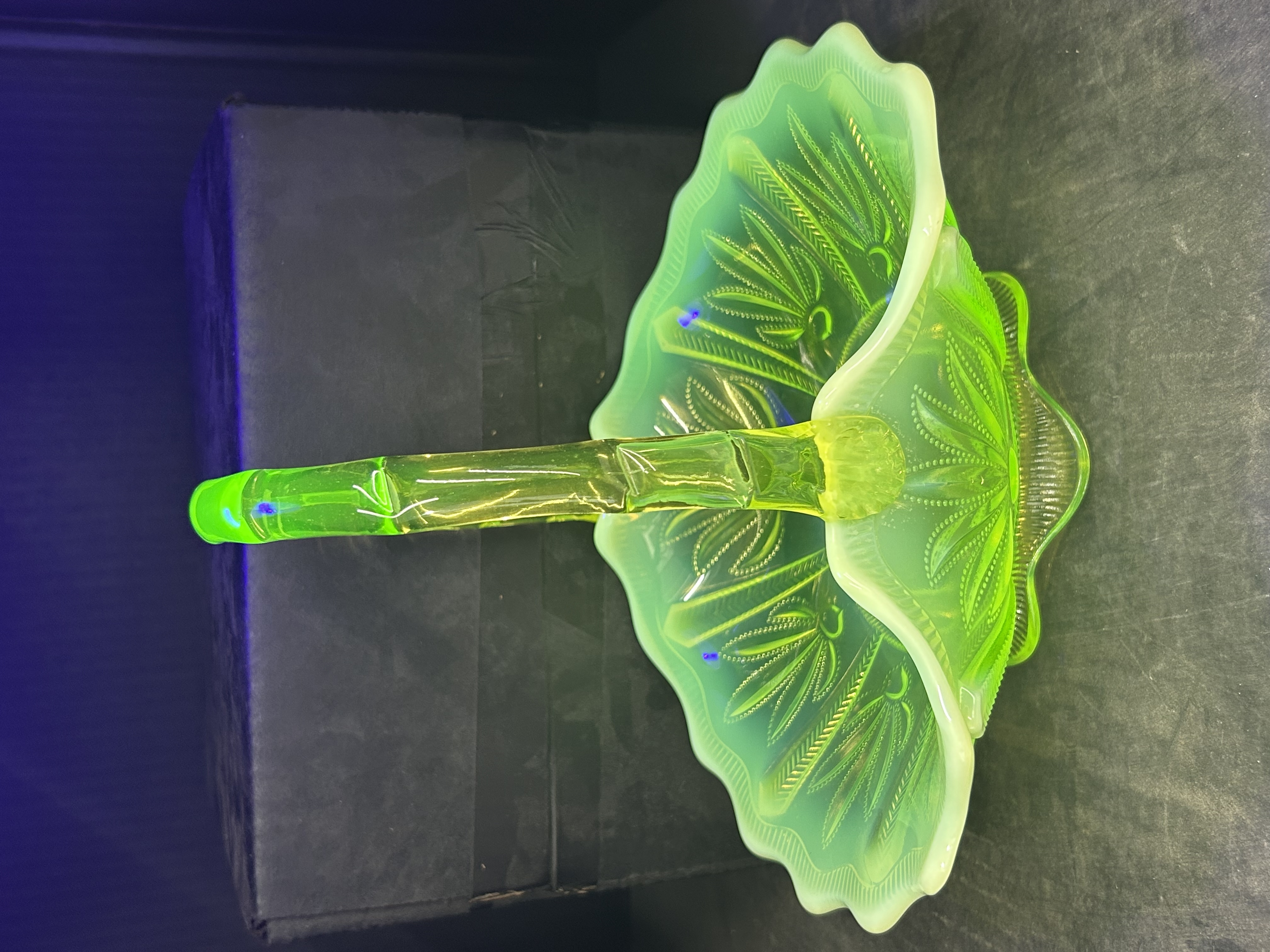 JEFFERSON GLASS OPALESCENT VASELINE BASKET, 1905