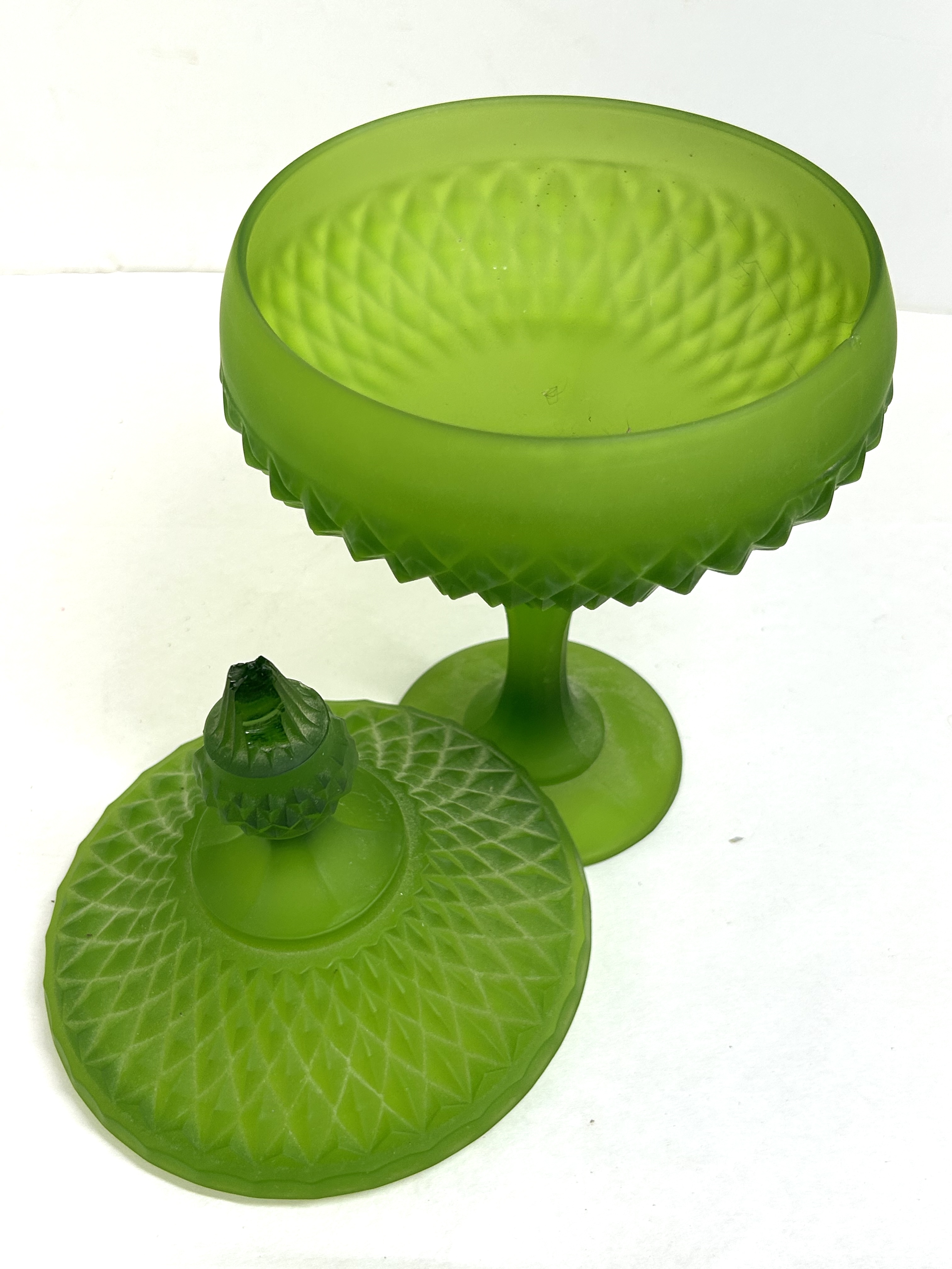 INDIANA STYLE GREEN GLASS COMPOTE, 1960s
