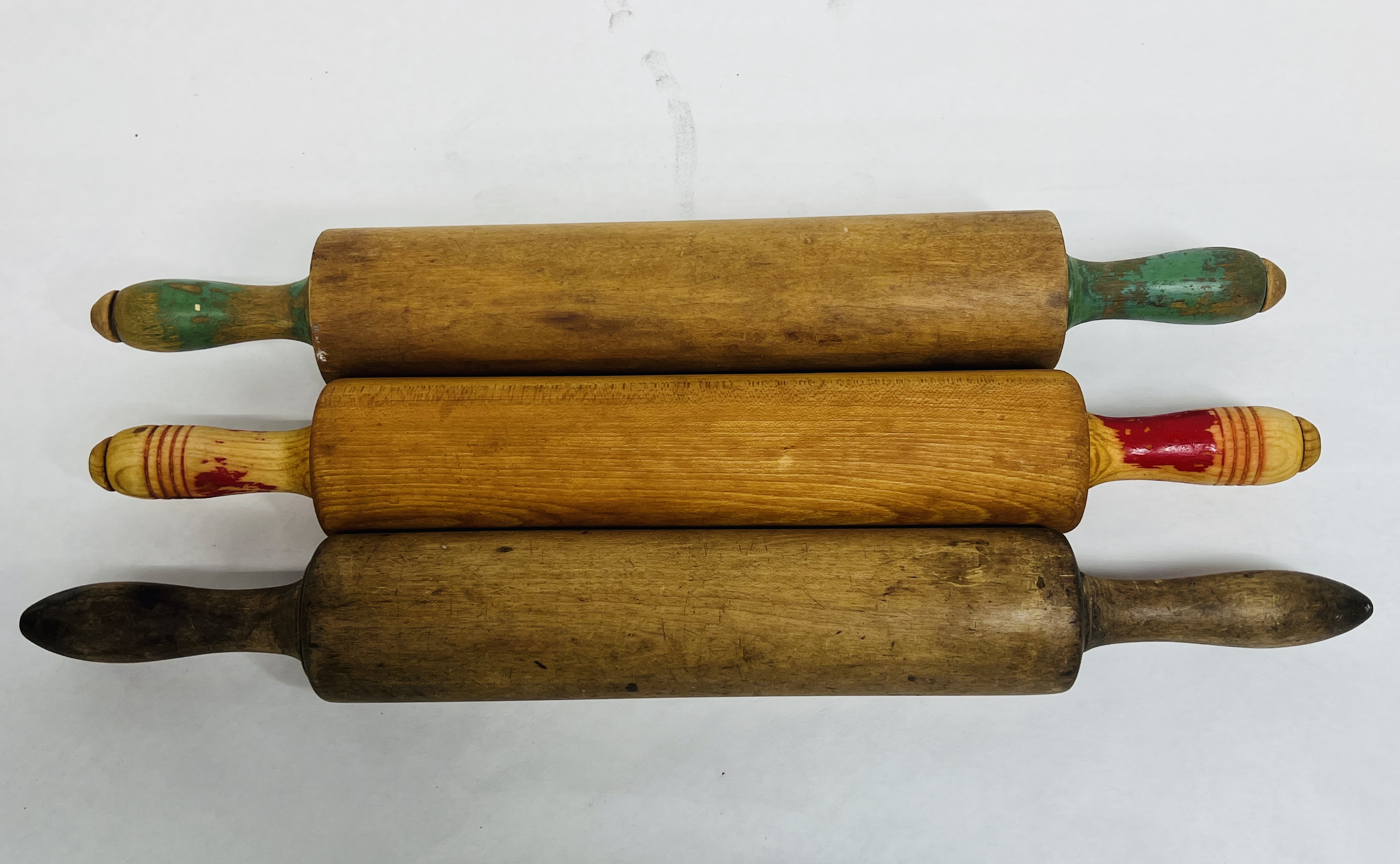 THREE HARDWOOD ROLLING PINS, 1900S