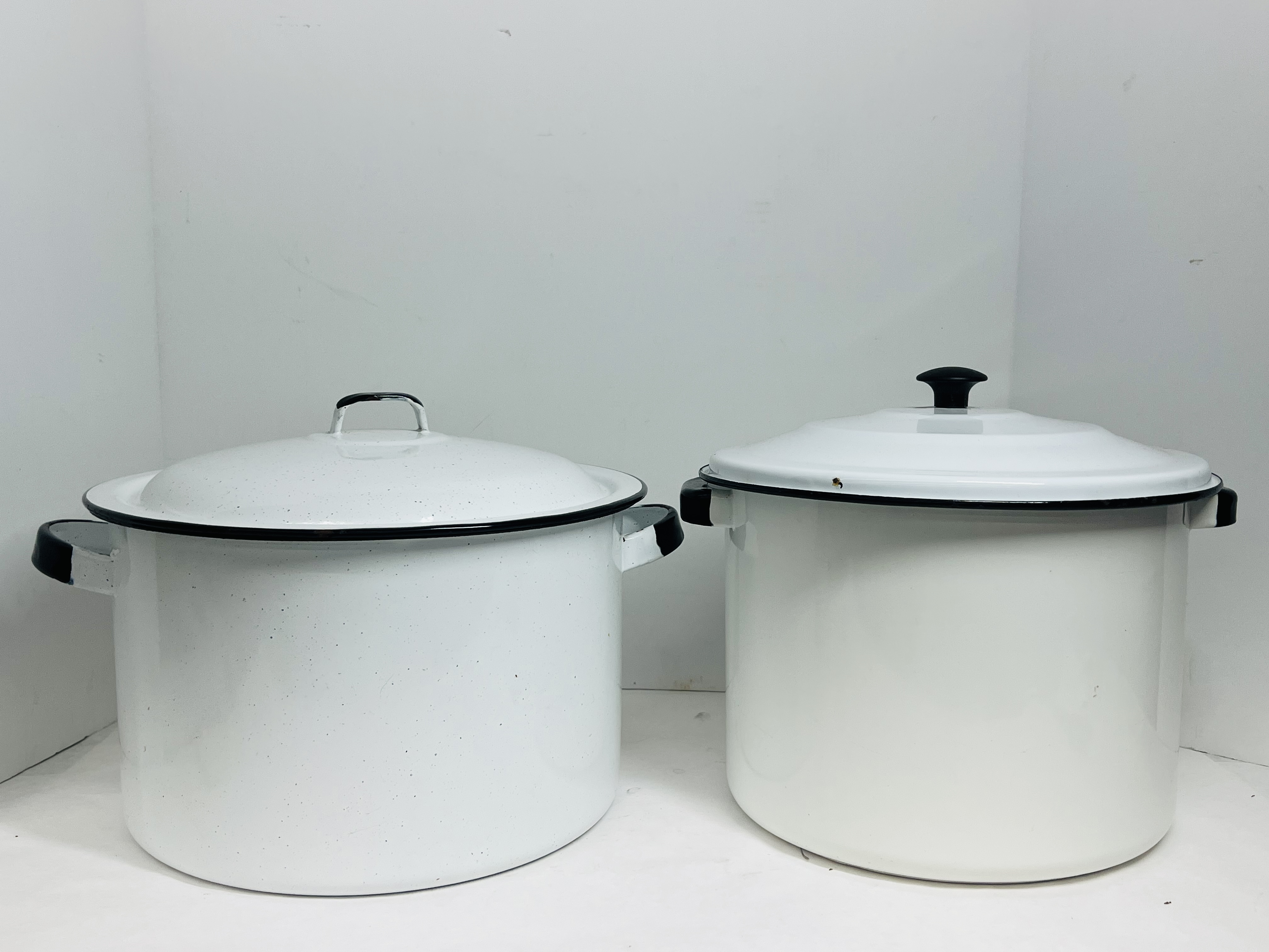 TWO WHITE ENAMELWARE STOCKPOTS VINTAGE