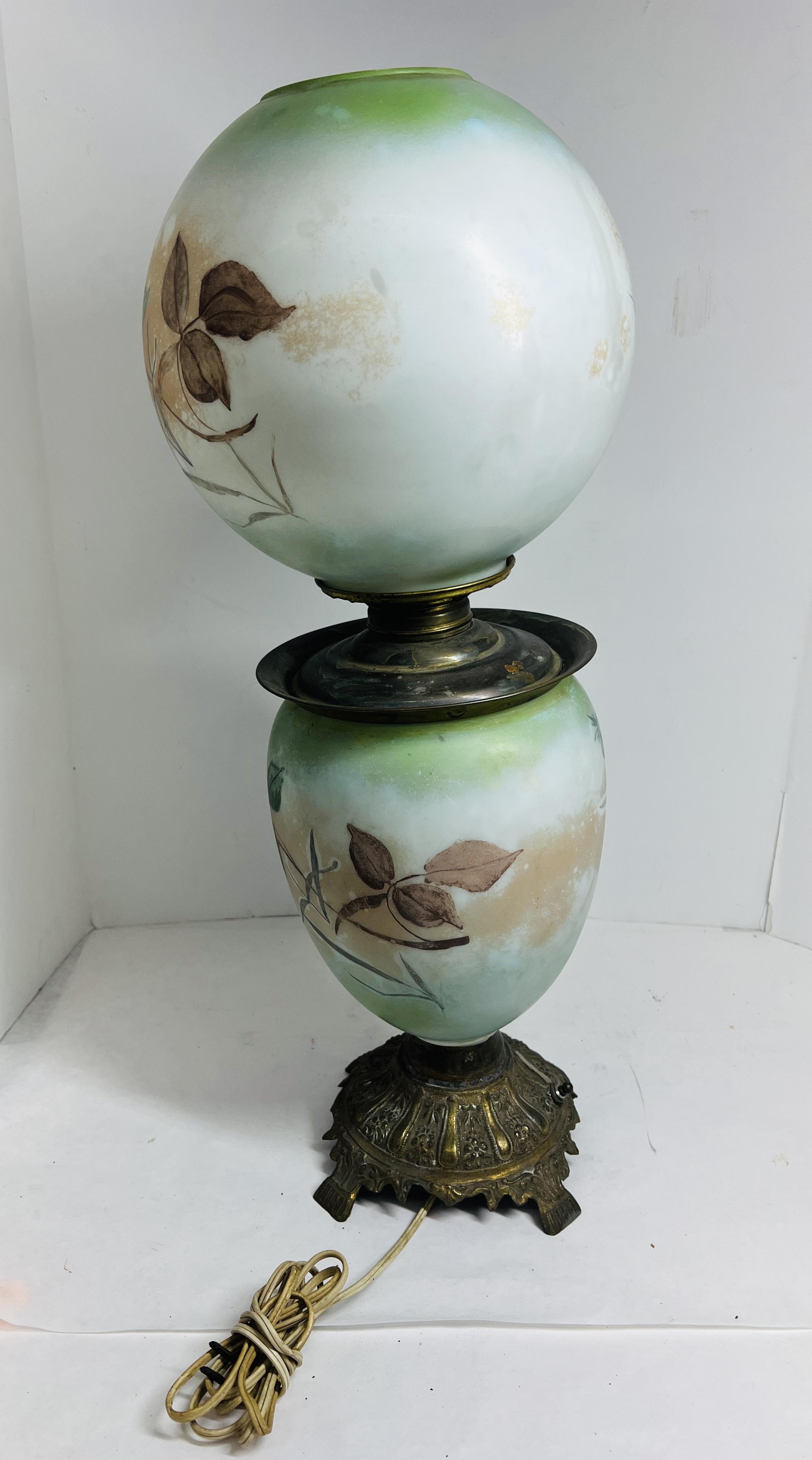 VICTORIAN HAND-PAINTED GLASS LAMP, C. 1895