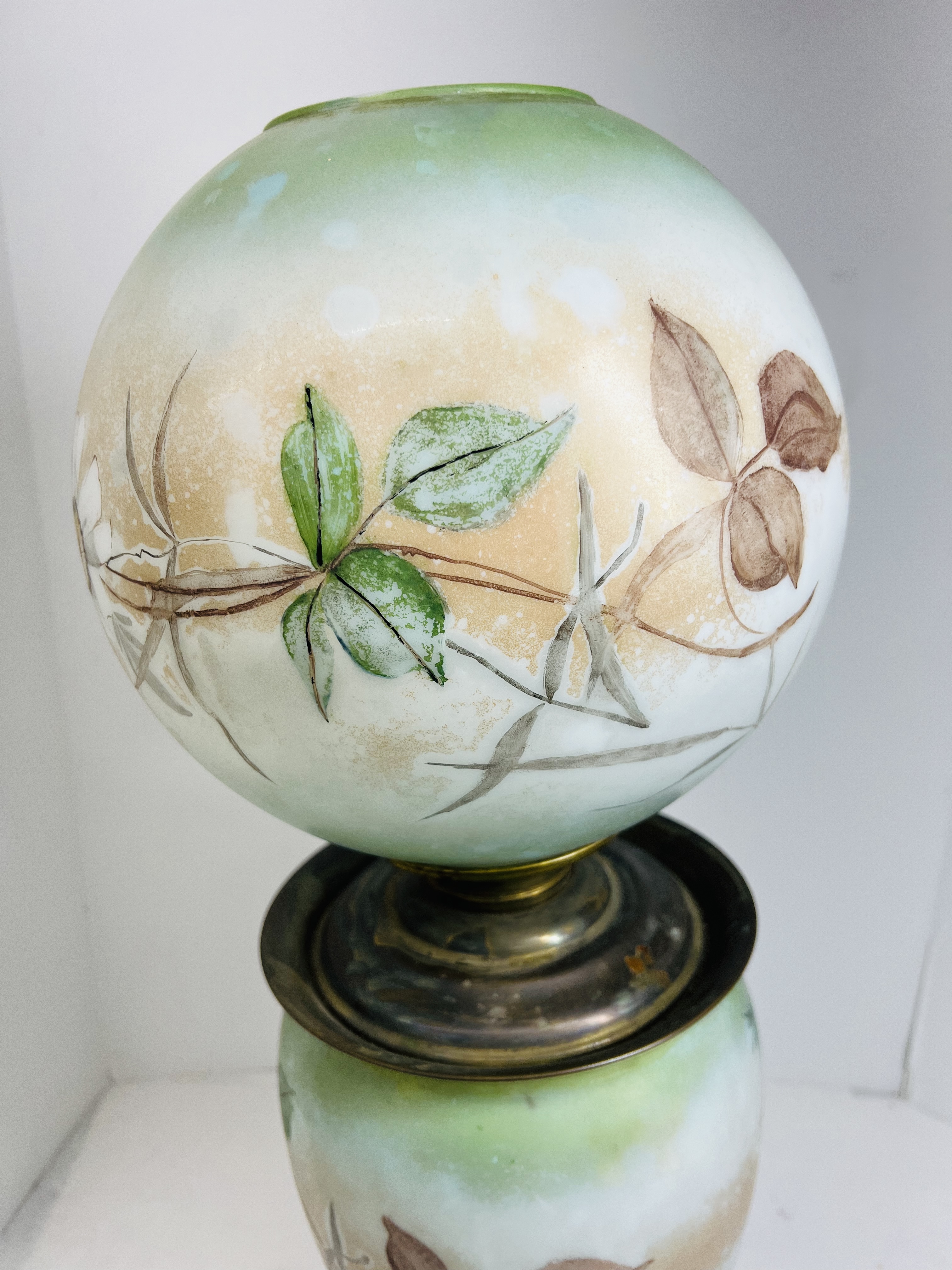 VICTORIAN HAND-PAINTED GLASS LAMP, C. 1895