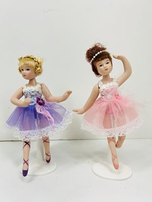 PAIR OF BISQUE BALLERINA DOLLS. Miniature ballerina dolls constructed from bisque porcelain with 