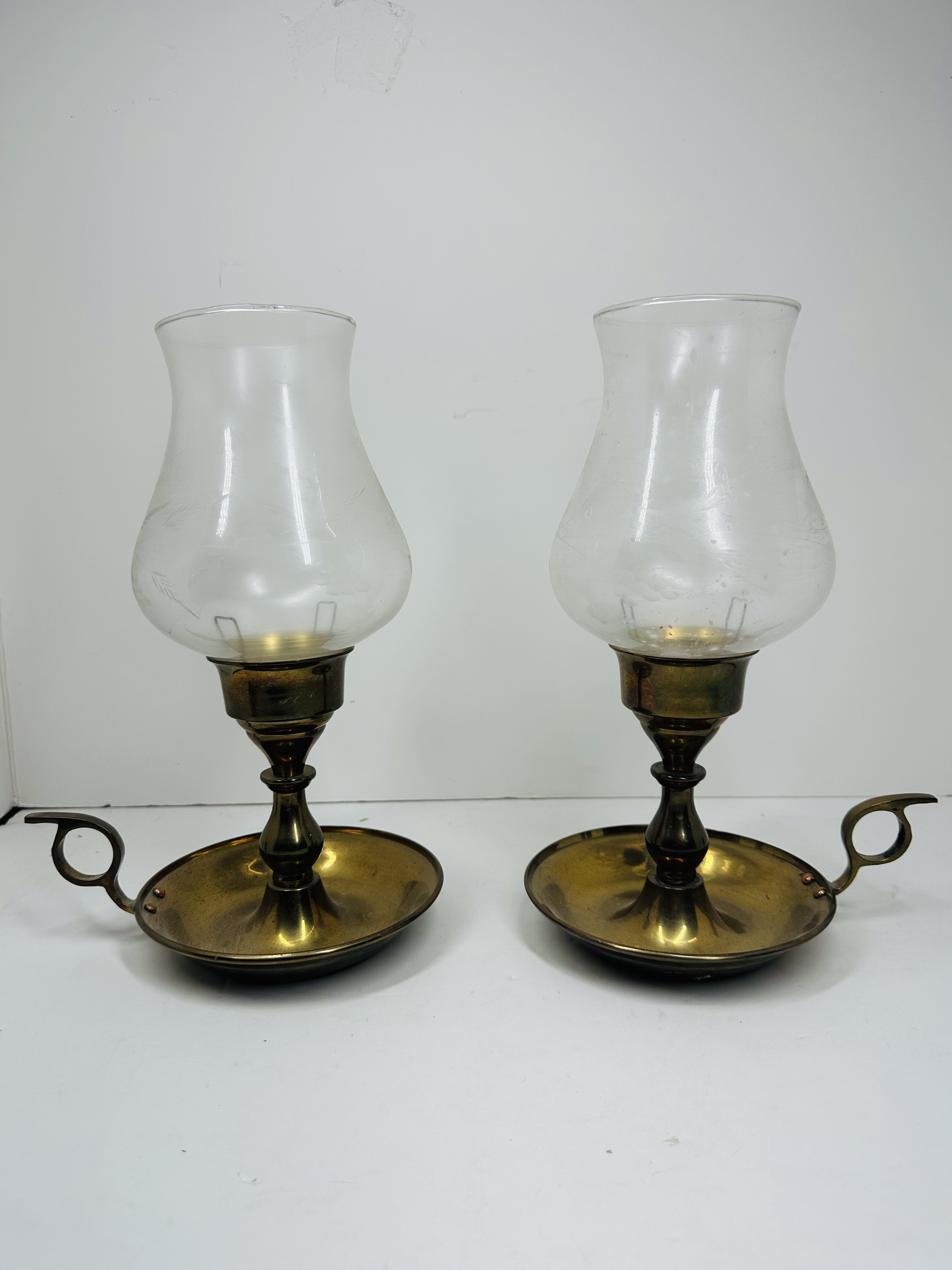 PAIR BRASS AND GLASS CANDLESTICKS