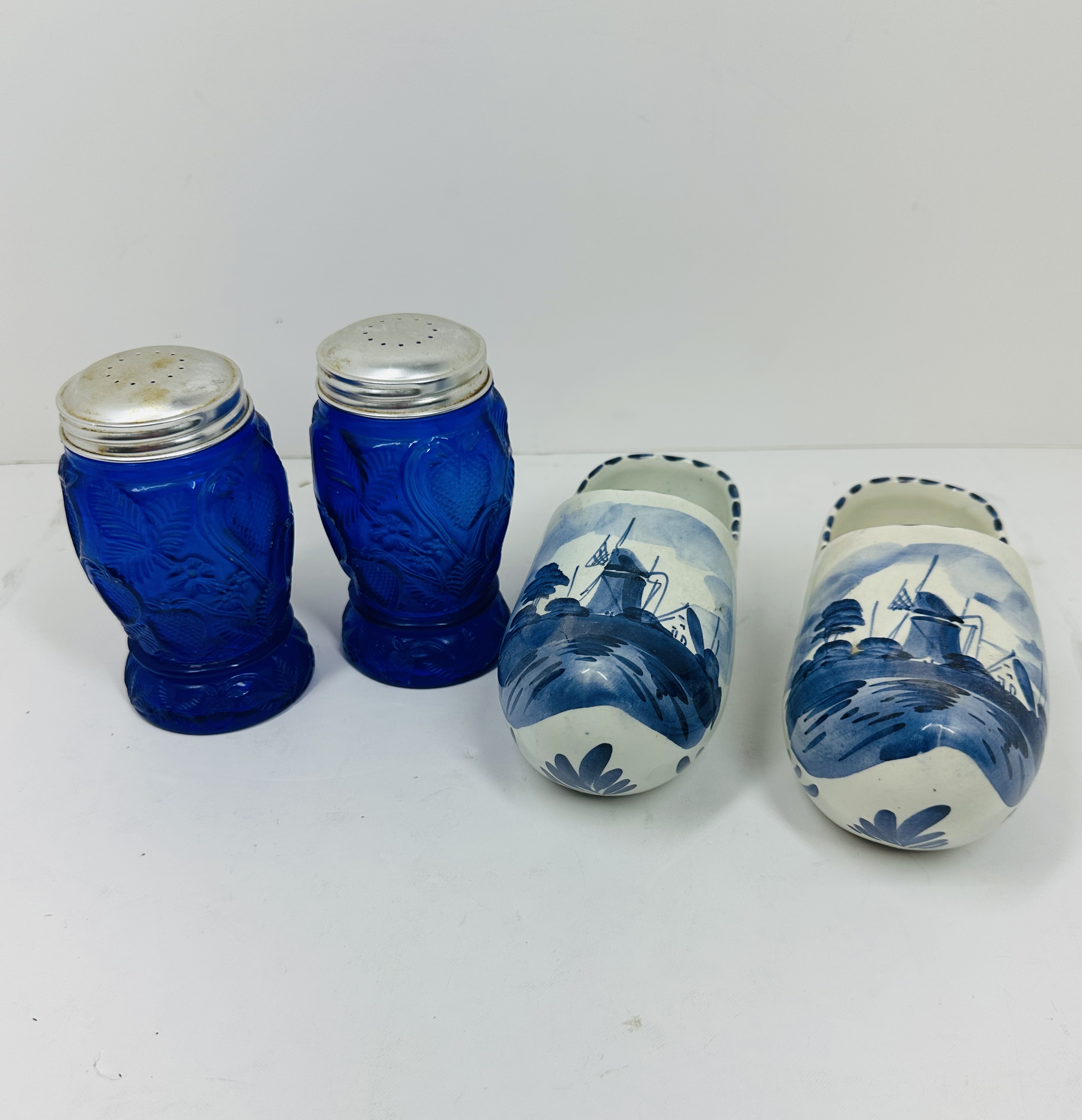COBALT GLASS AND DELFT CERAMIC TABLEWARE